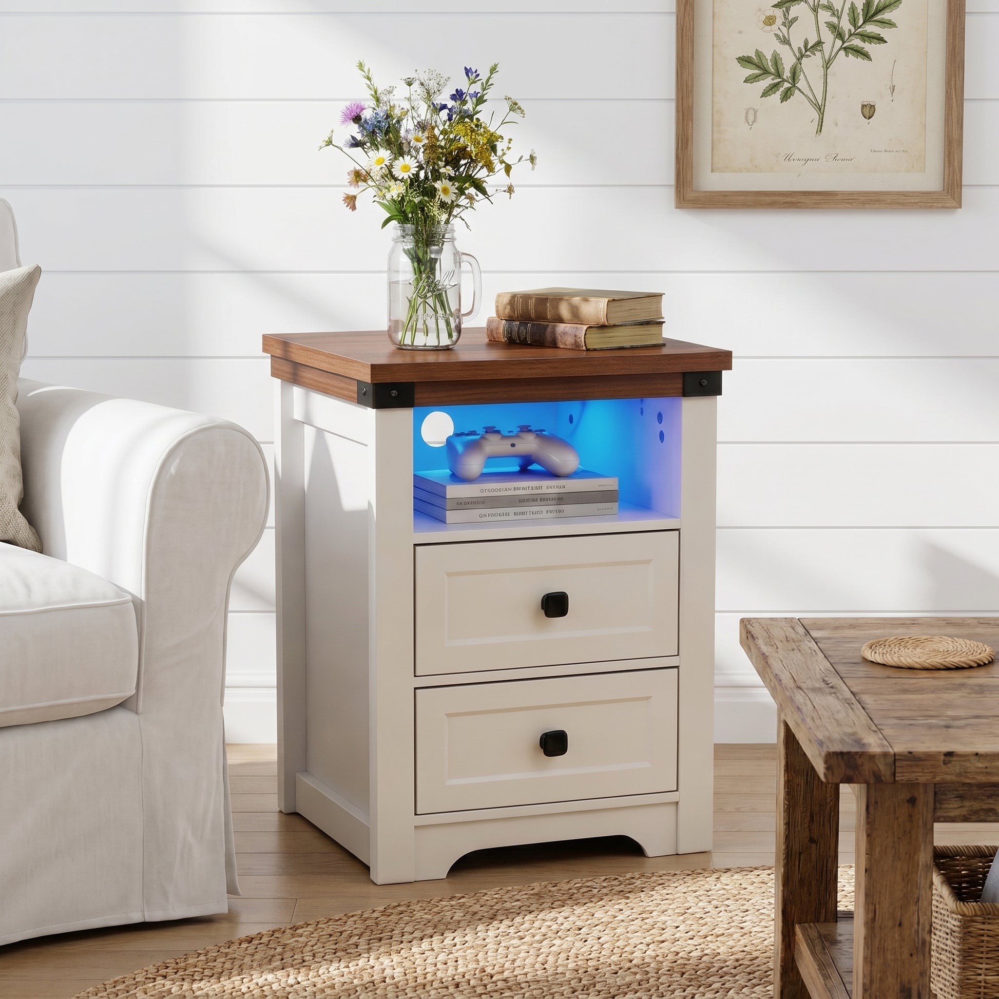 Benton white nightstand showing bedside placement with LED lighting