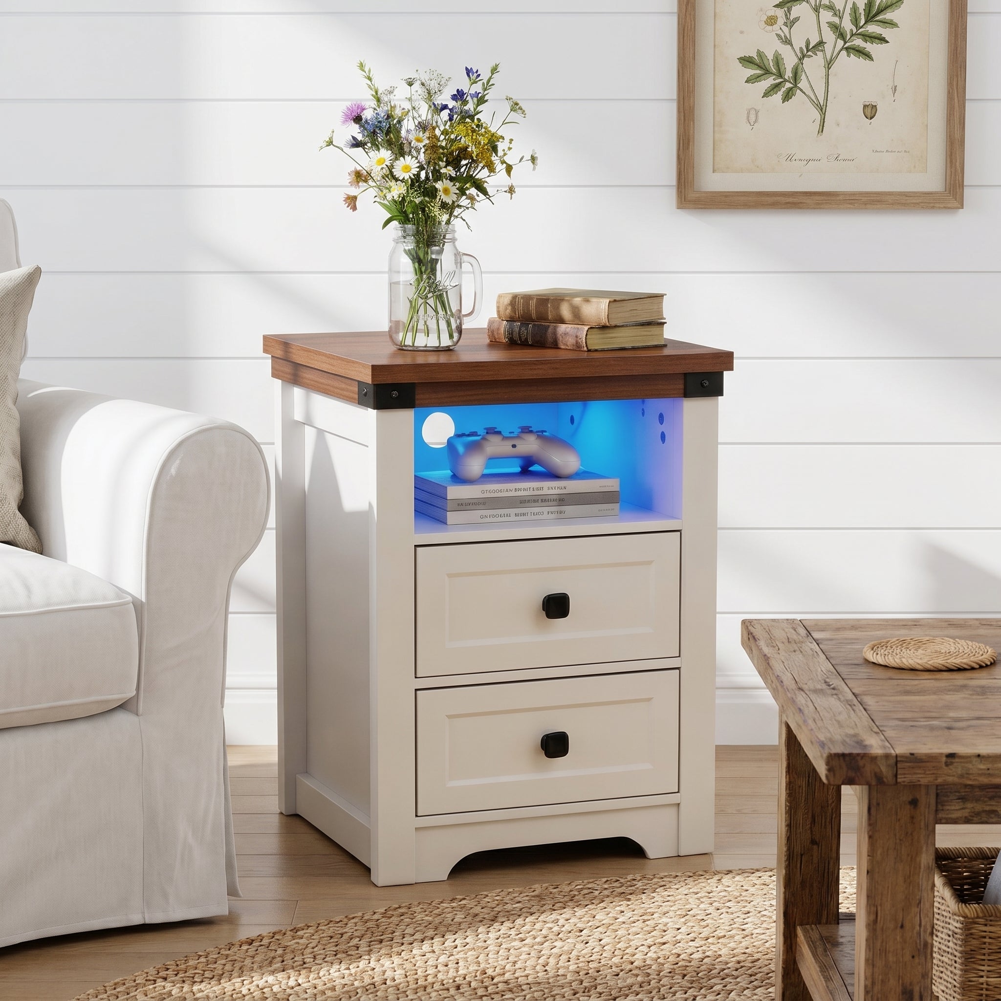 Benton white nightstand showing bedside placement with LED lighting