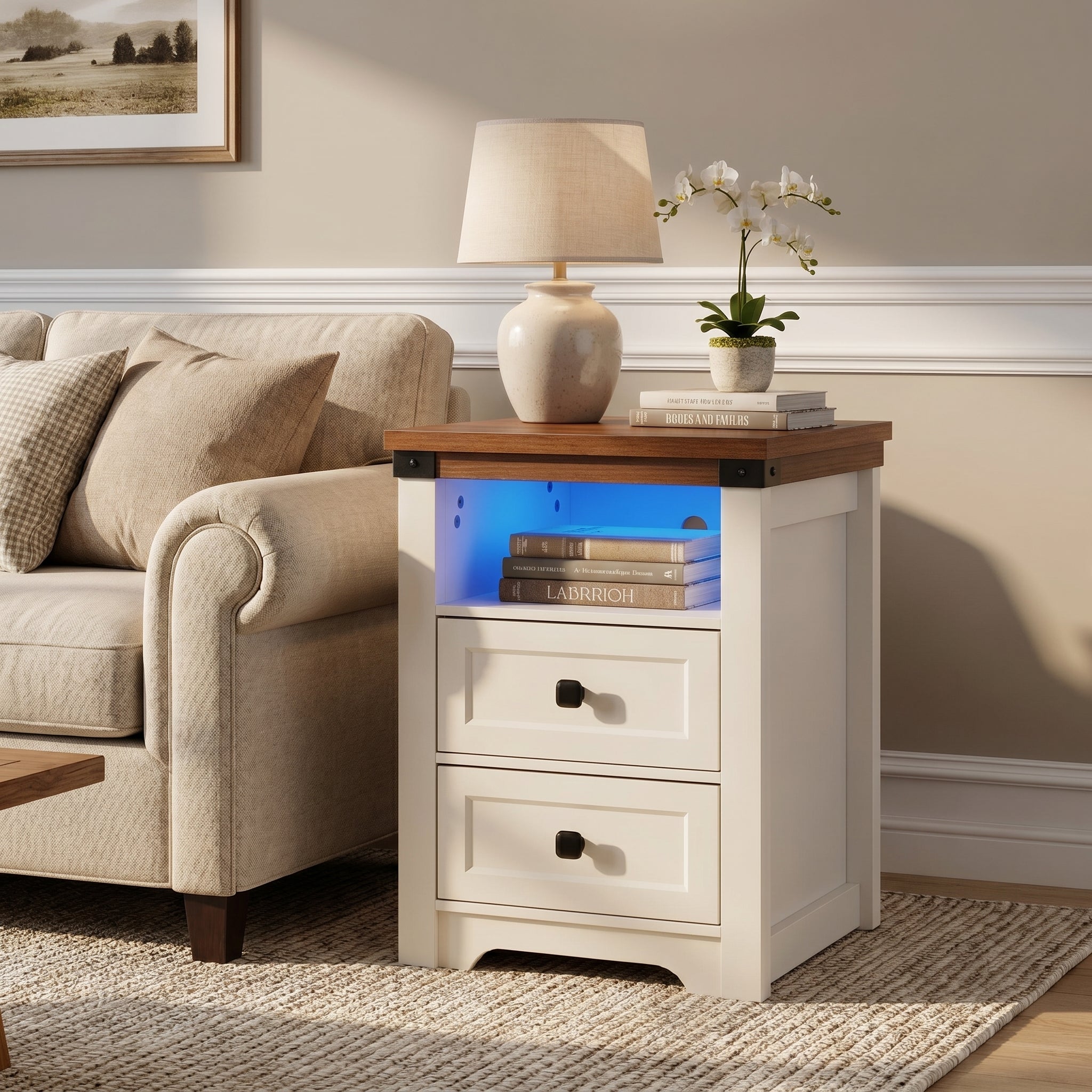 Benton white nightstand showing bedside placement with LED lighting