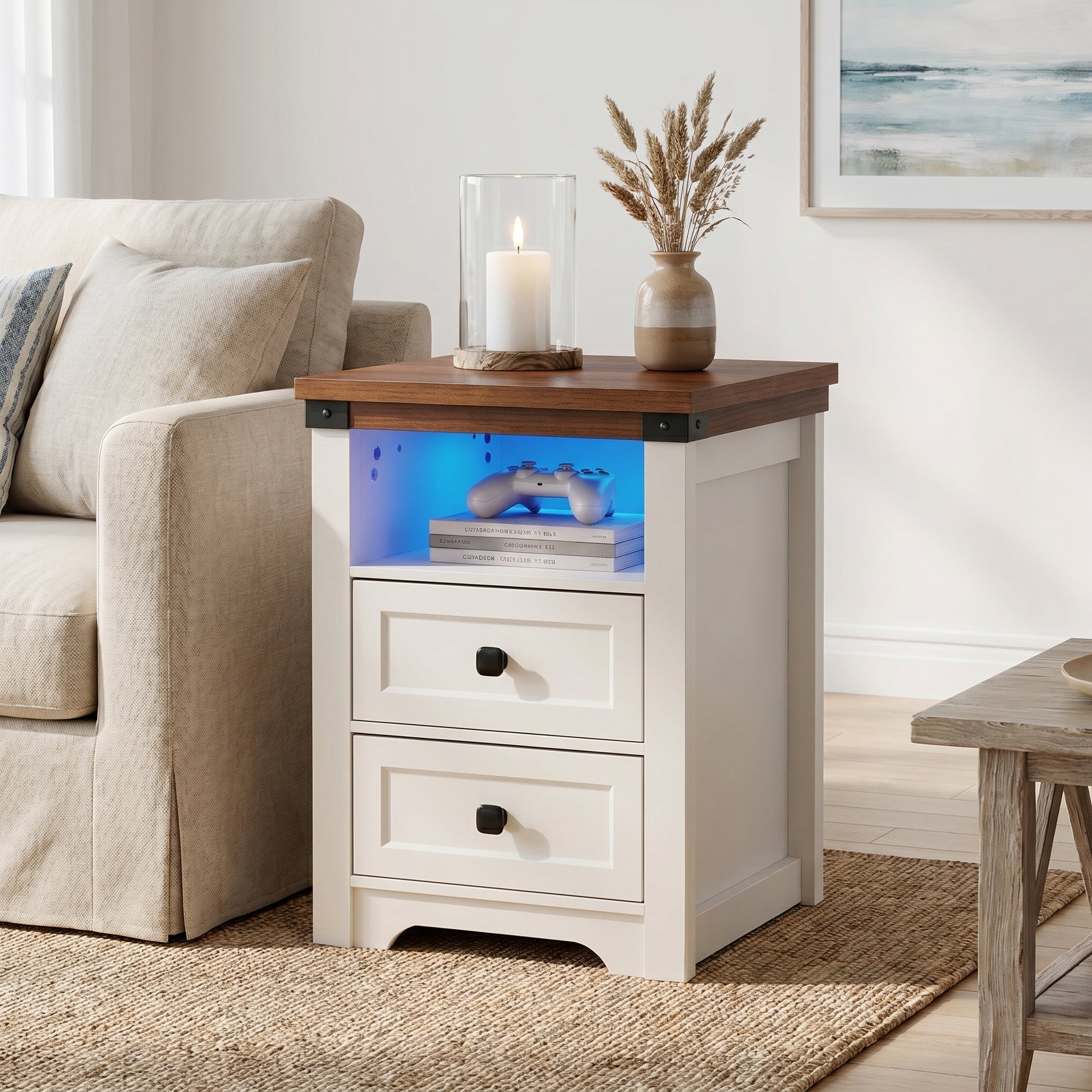 Benton white nightstand showing bedside placement with LED lighting