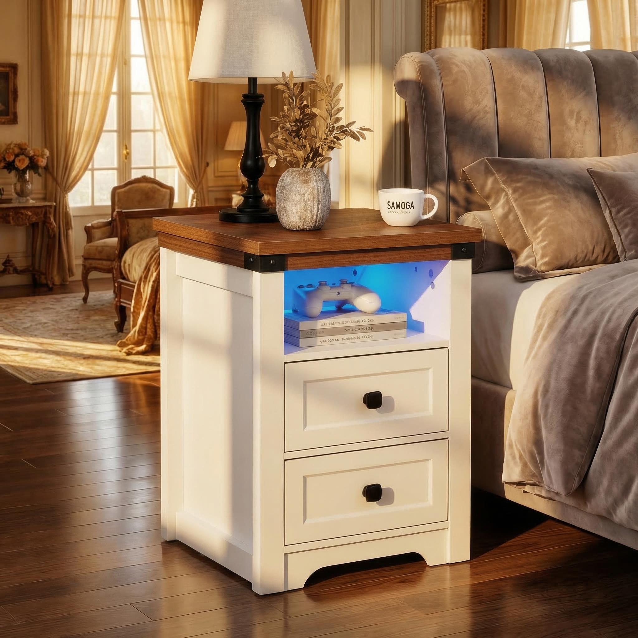 Benton white nightstand showing charging station in a bedroom