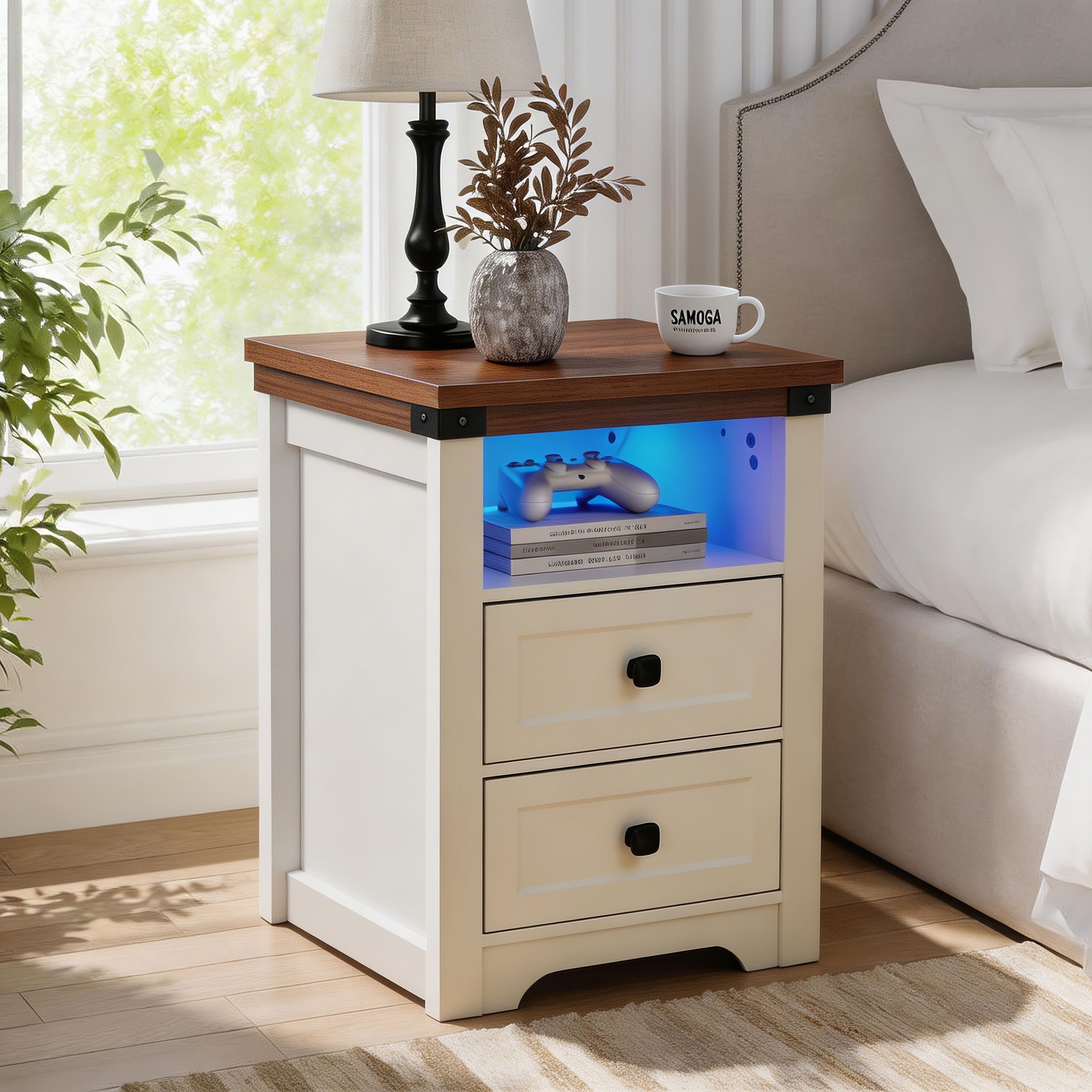 Benton white nightstand showing charging station in a bedroom