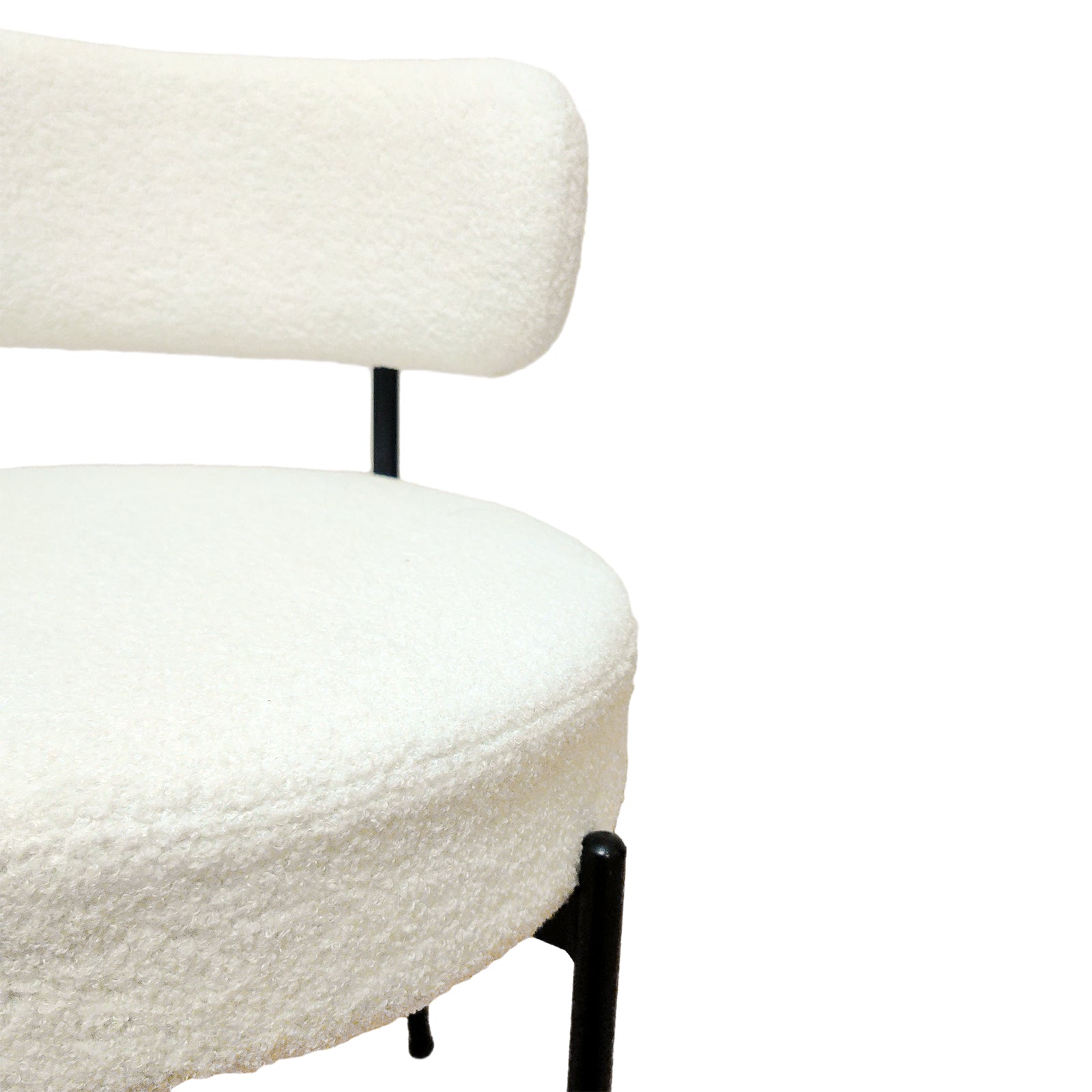 Bled white dining chair close-up of the rounded upholstered backrest