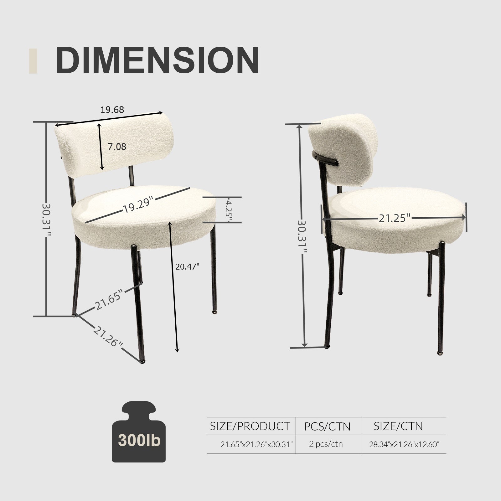 Bled white round upholstered dining chair showing product dimensions with curved back and black metal legs