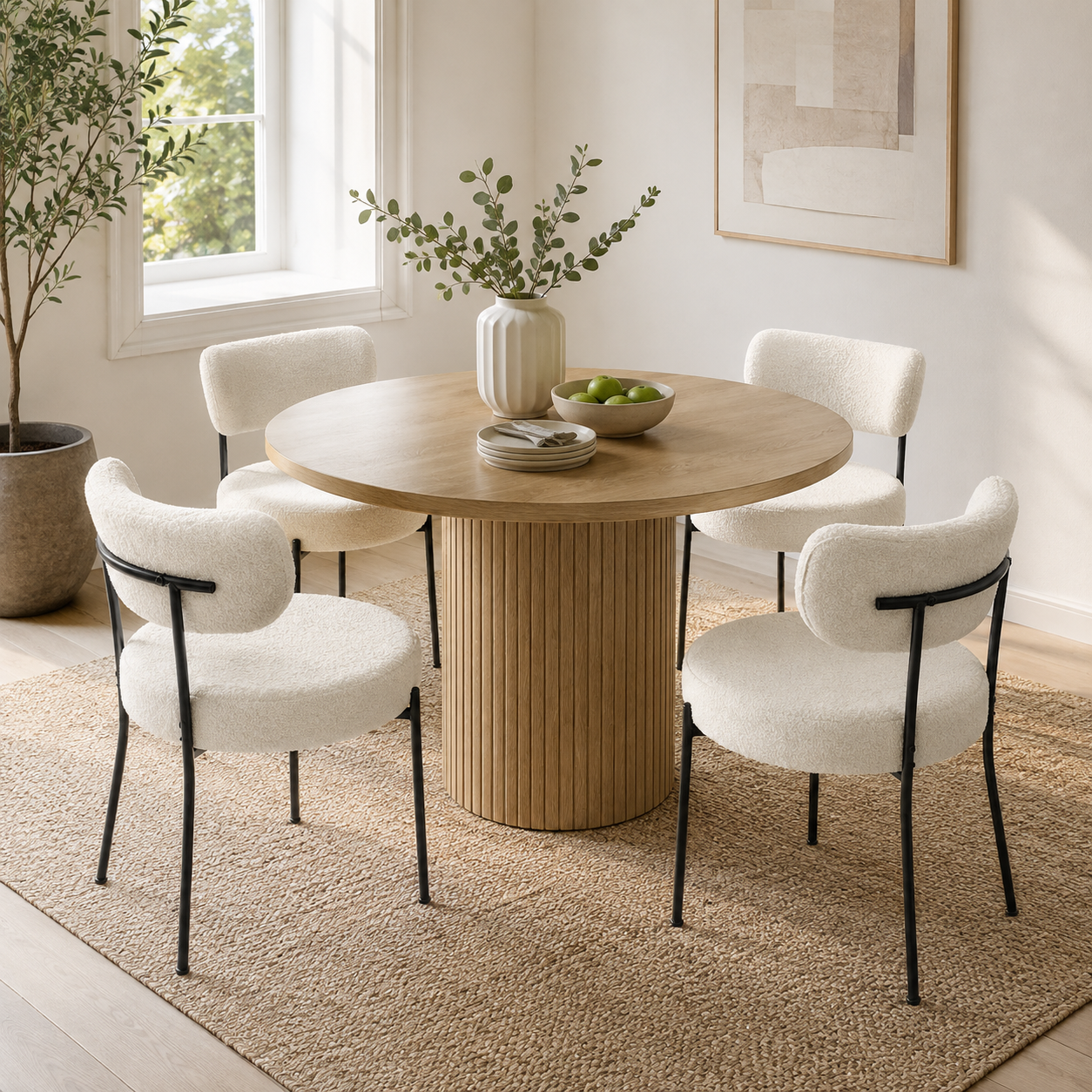 Bled white upholstered dining chairs in a cozy dining space with soft neutral decor