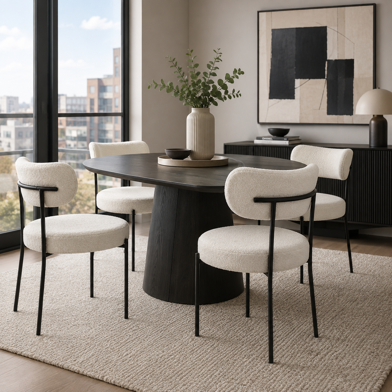 Bled white upholstered dining chairs with black metal legs in a modern dining room
