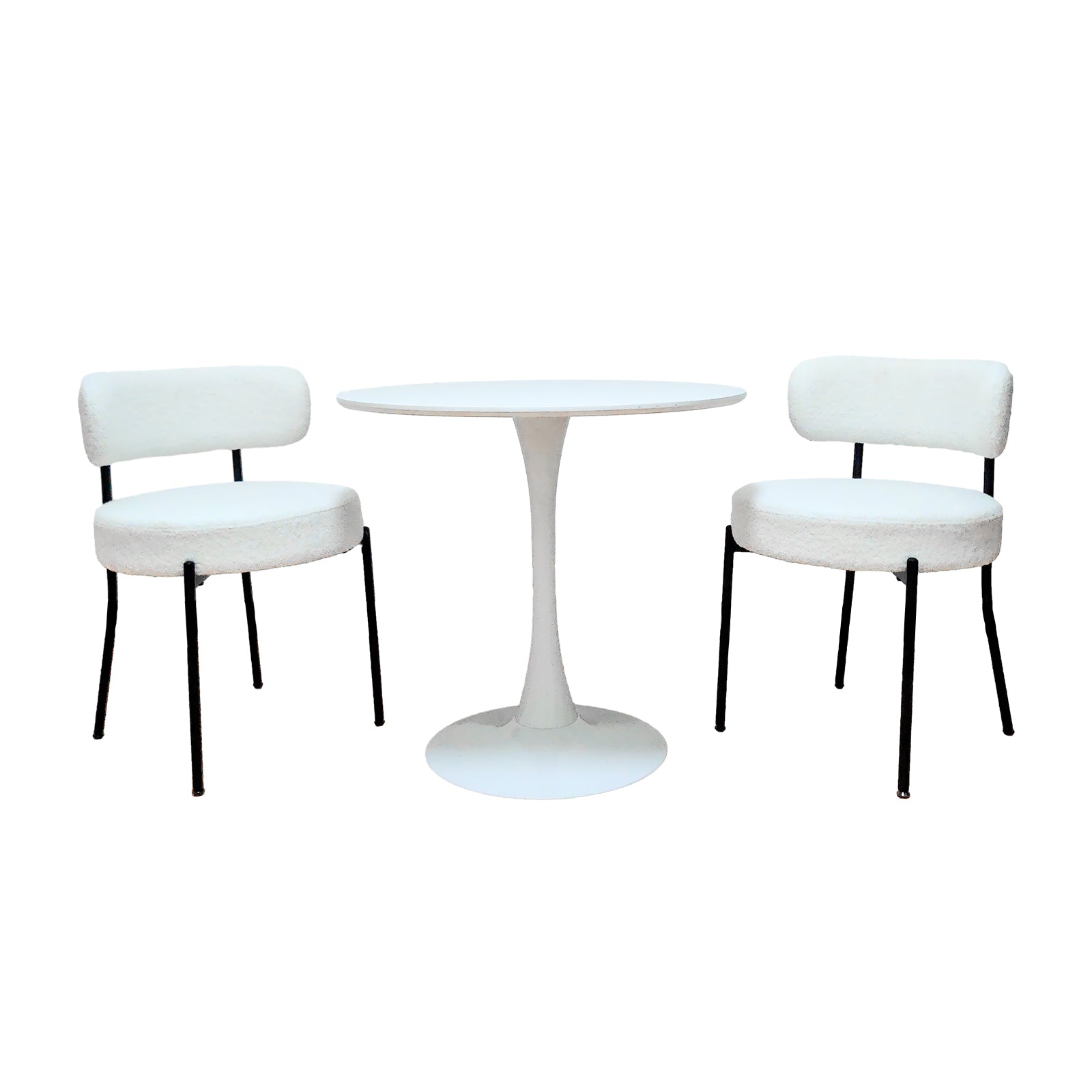 Bled white upholstered dining chairs set of two beside a round table on white background
