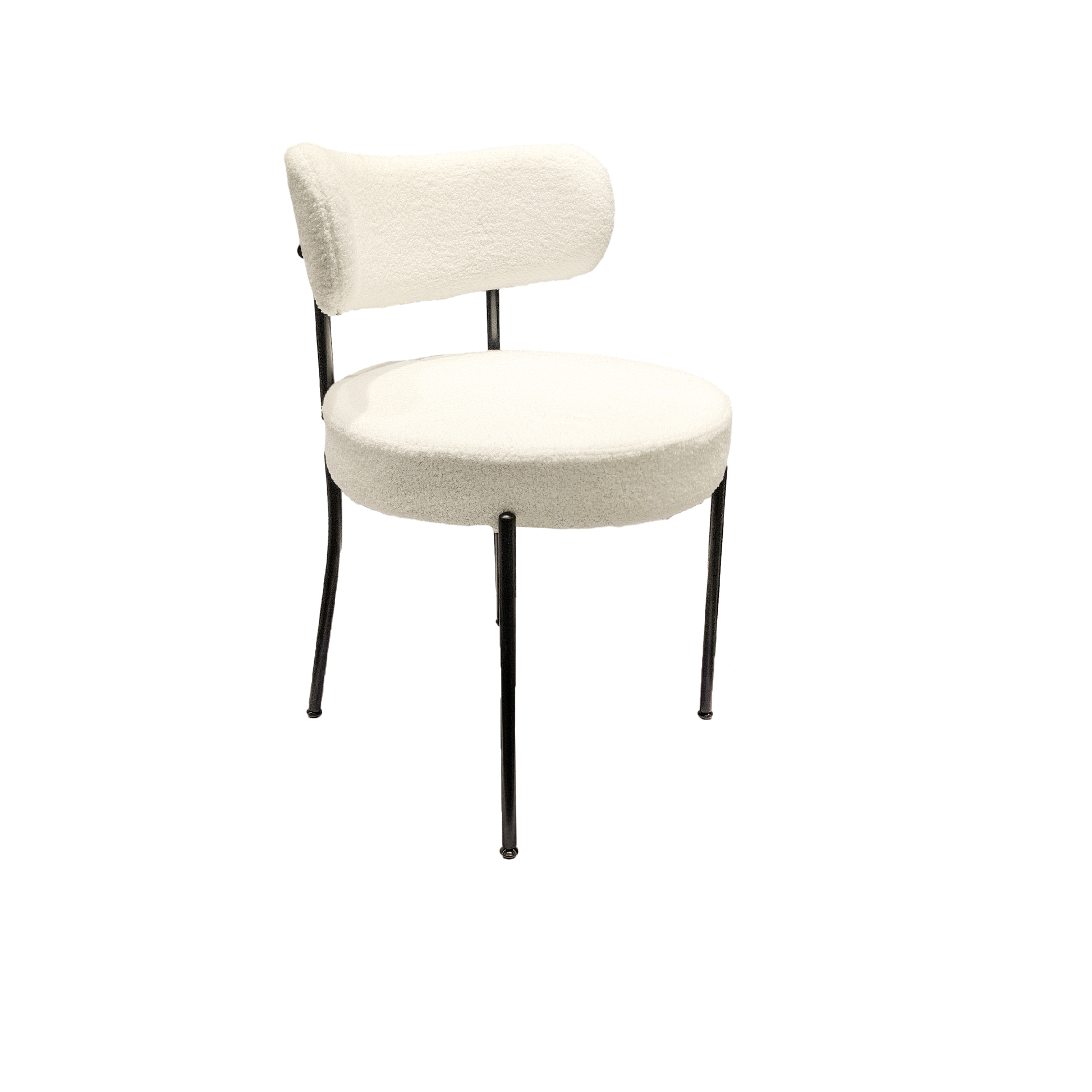 Bled white upholstered dining chair  front view with curved back and black metal legs on white background