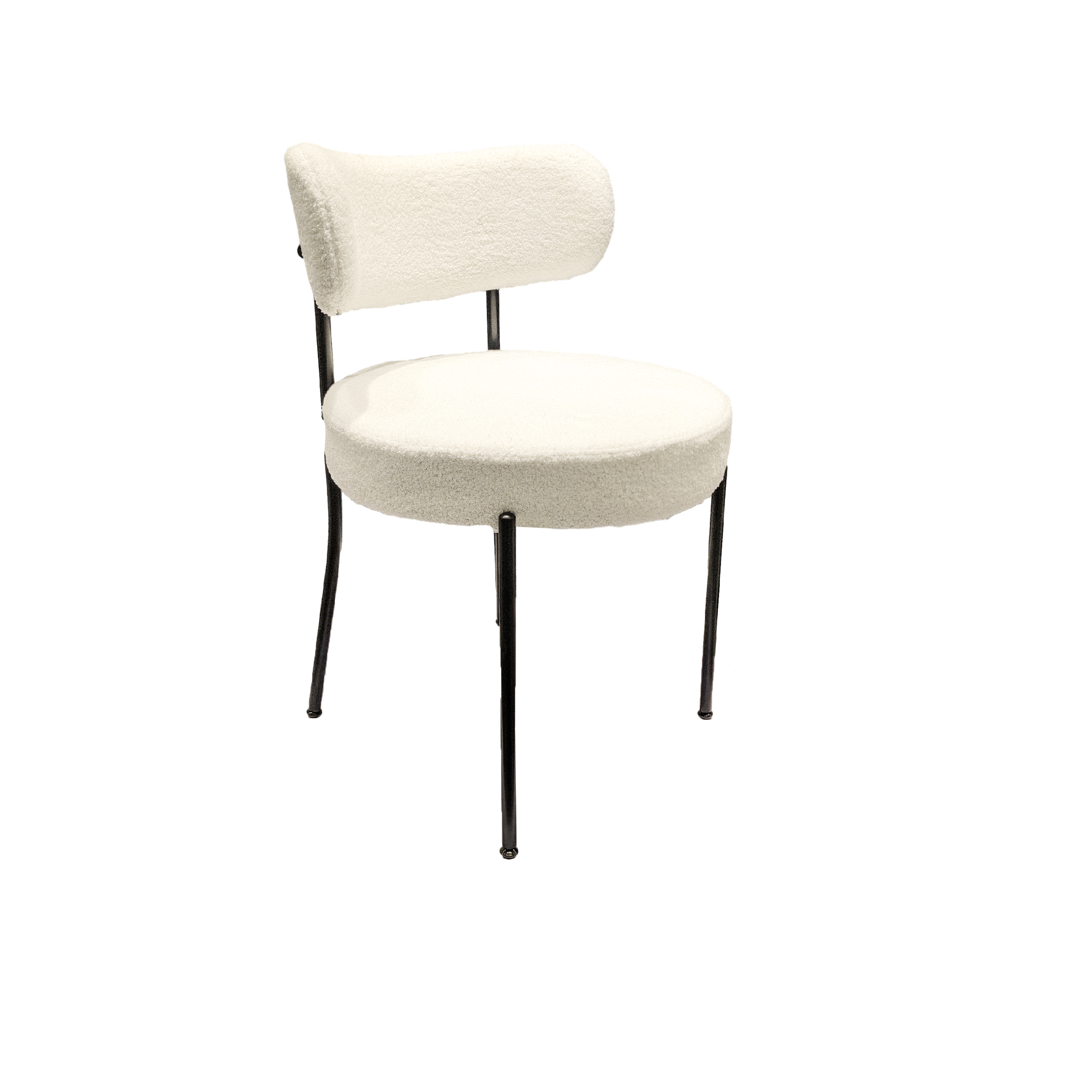 Bled white upholstered dining chair  front view with curved back and black metal legs on white background