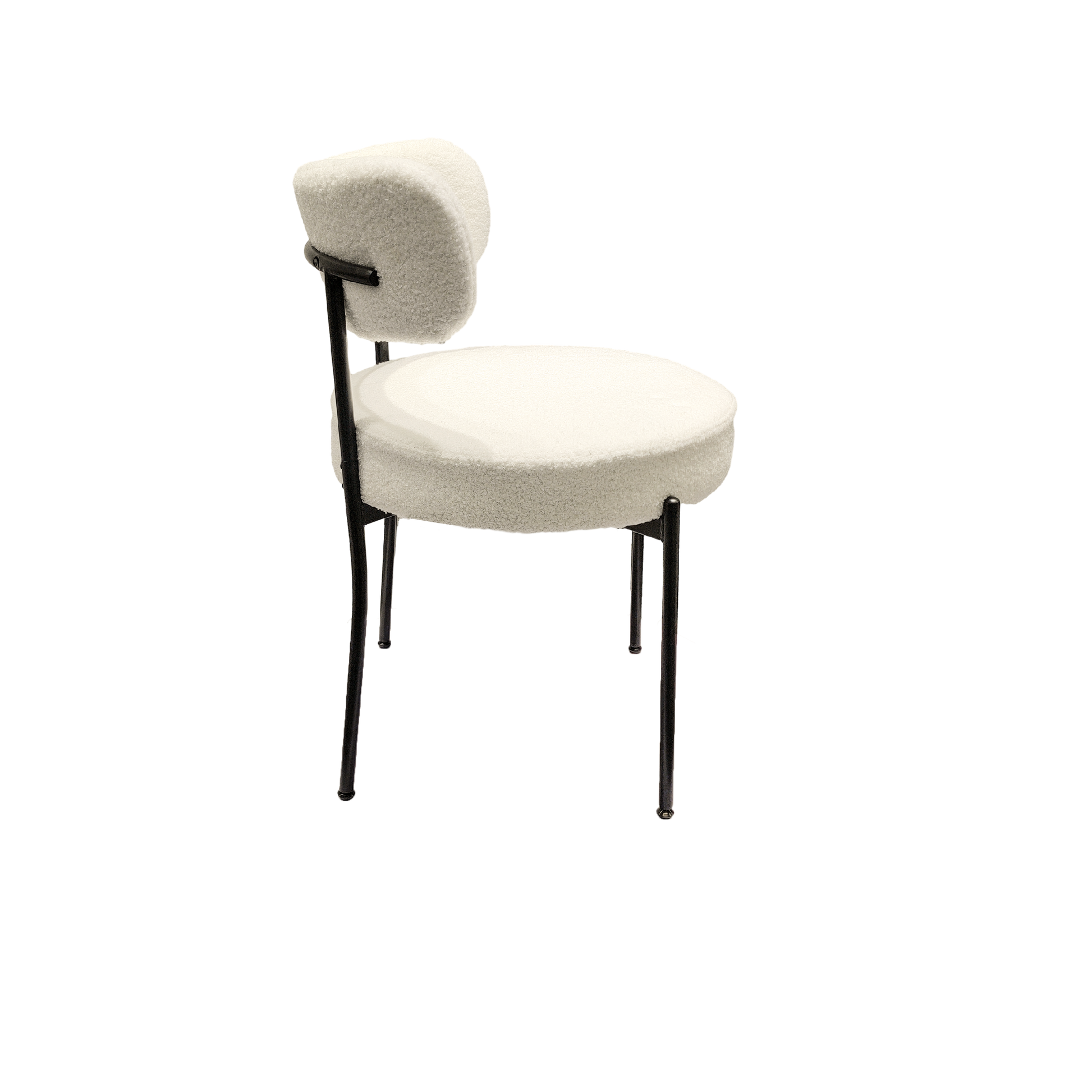 Bled white dining chair side view with rounded backrest on white background