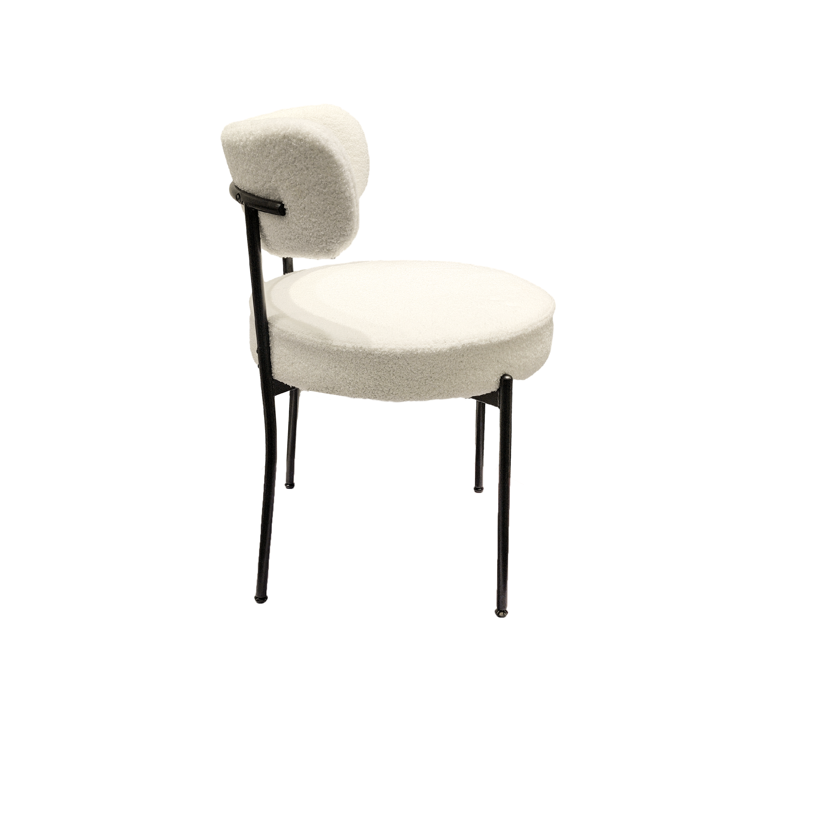 Bled white dining chair side view with rounded backrest on white background