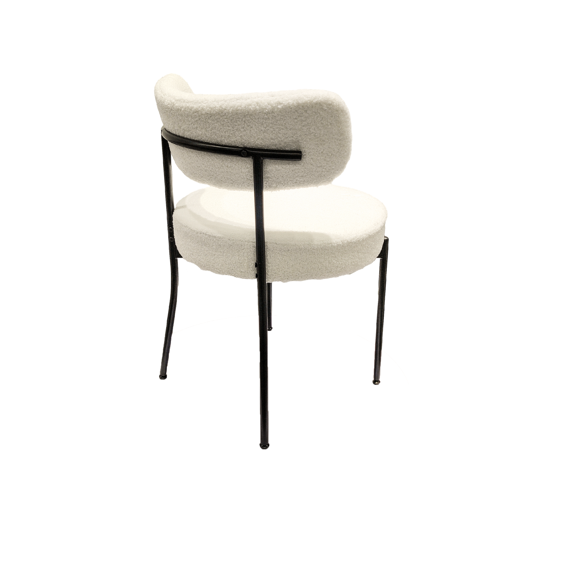 Bled white dining chair rear angled view showing the curved back on white background
