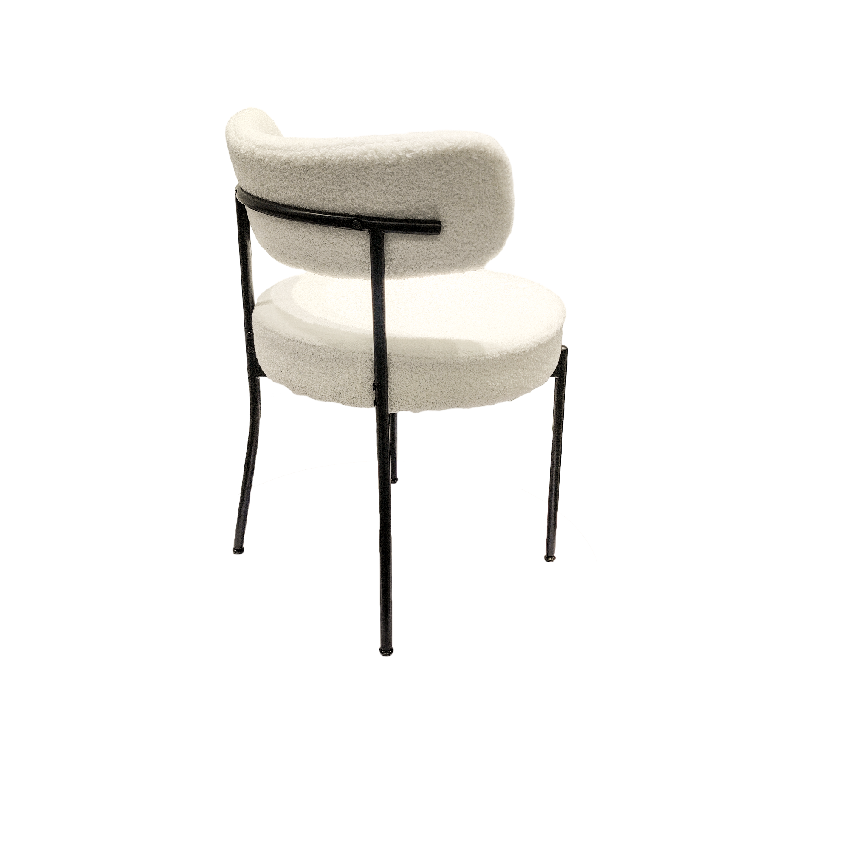 Bled white dining chair rear angled view showing the curved back on white background