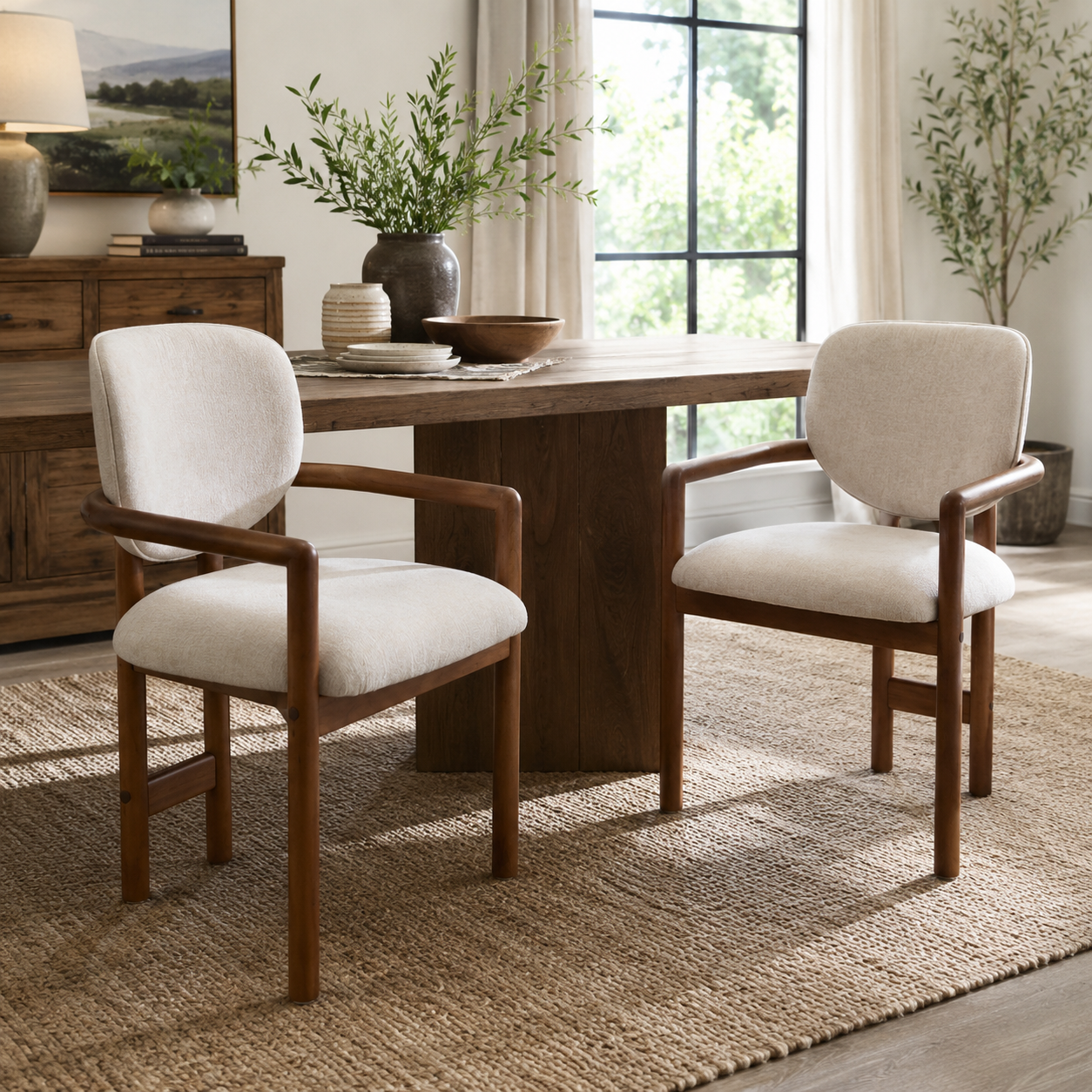 Bracciano brown upholstered dining armchairs beside a round wood dining table in a warm dining room
