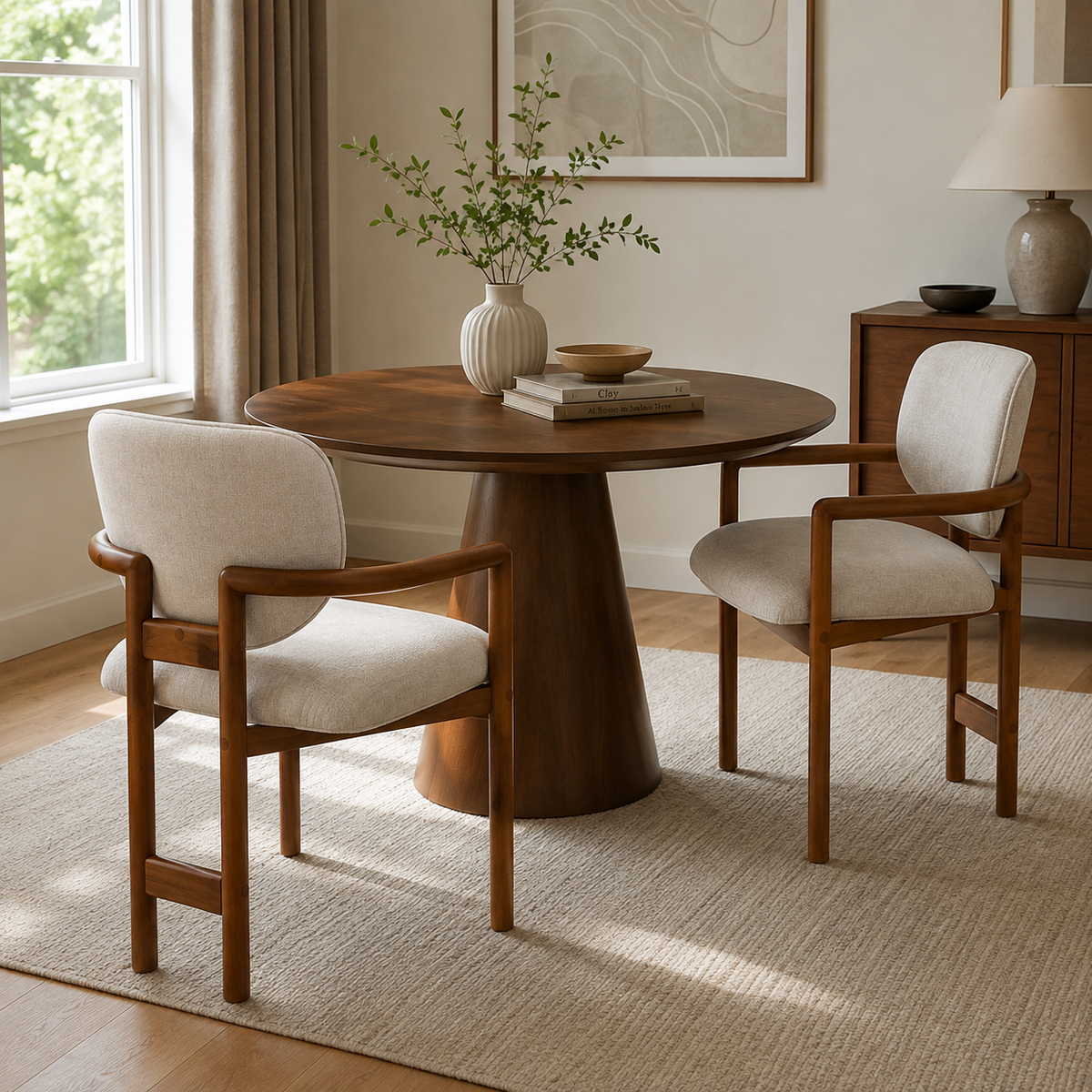Bracciano brown dining armchairs around a wood dining table in a cozy dining space