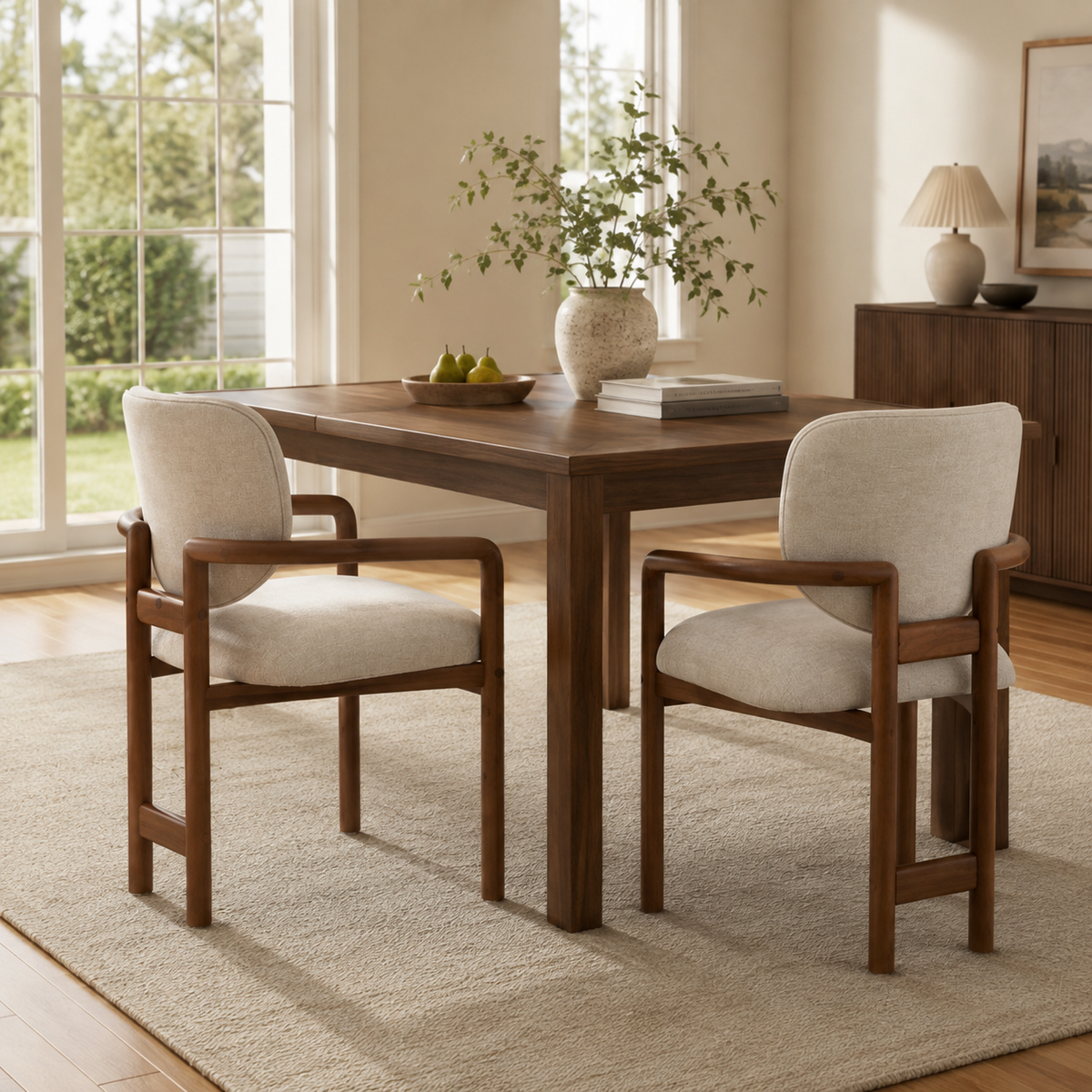 Bracciano brown upholstered dining armchairs around a dining table in a sunlit room