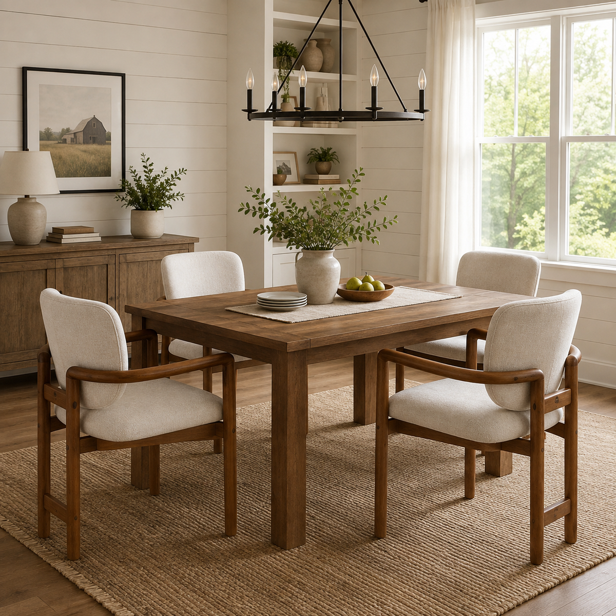 Bracciano brown dining armchairs around a dark wood dining table in a warm interior