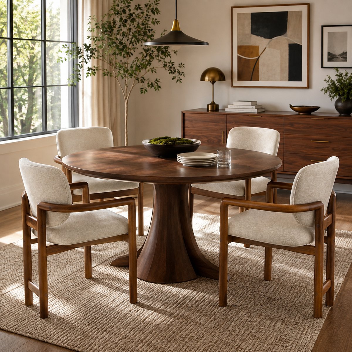 Bracciano brown dining armchairs around a dark wood dining table in a warm interior