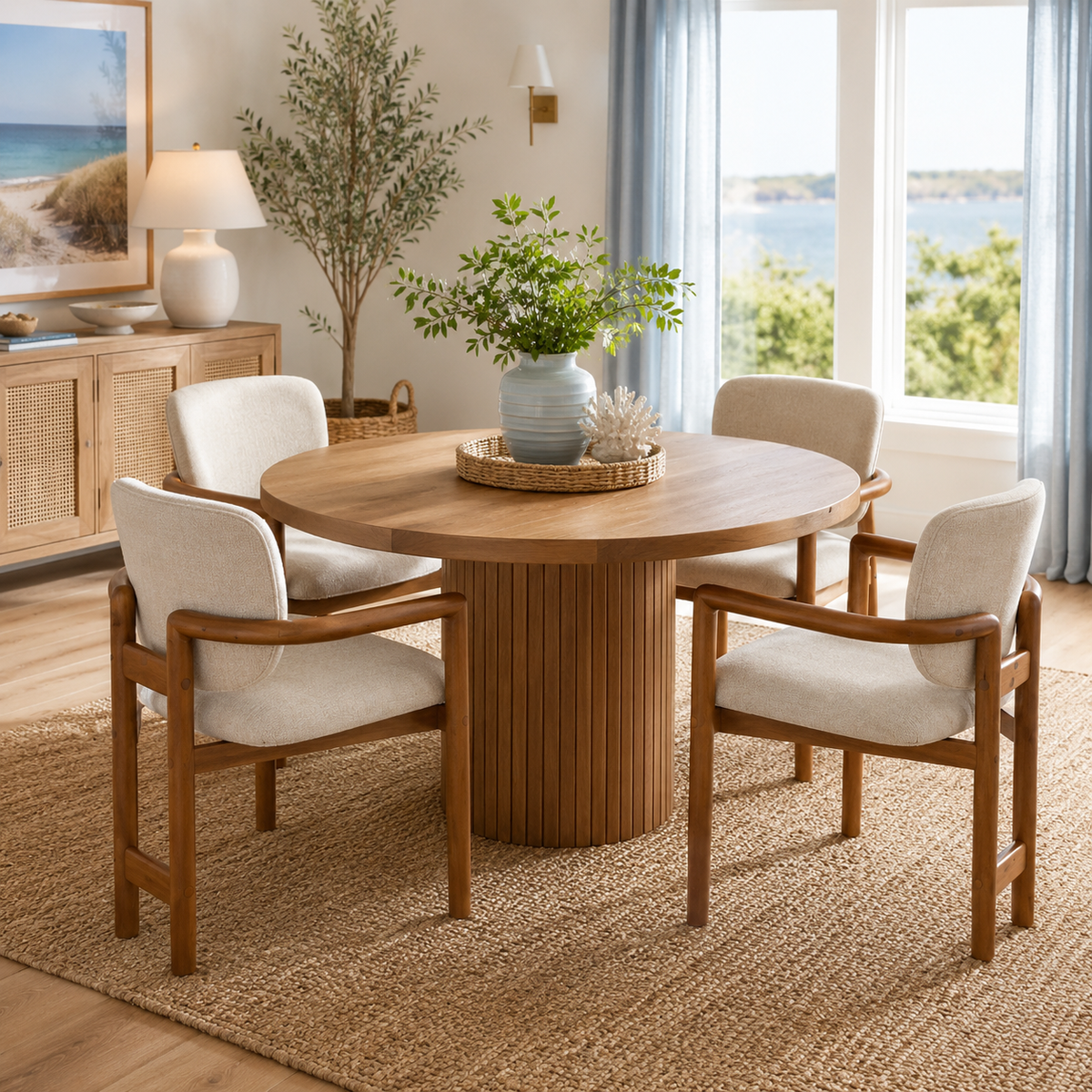 Bracciano brown dining armchairs beside a round wood dining table in a bright dining area