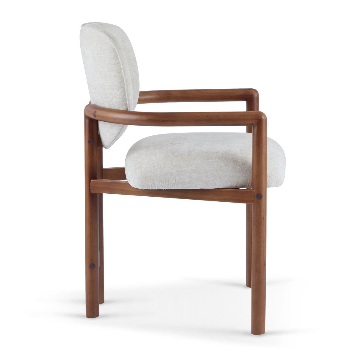 Bracciano brown upholstered dining armchair side view with solid rubberwood arms on white background