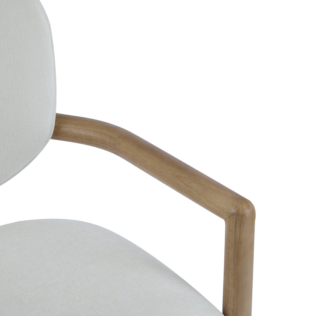Bracciano oak dining armchair close-up of the curved upholstered arm and wood frame