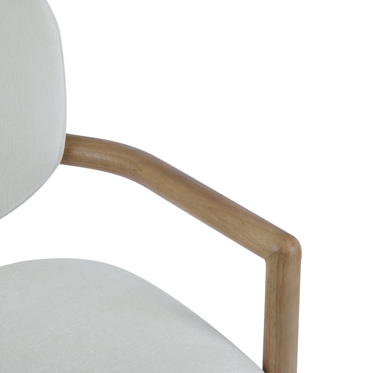 Bracciano oak dining armchair close-up of the curved upholstered arm and wood frame