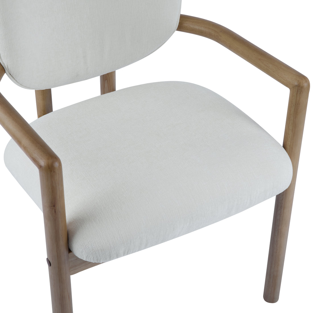 racciano oak dining armchair close-up of the curved upholstered arm and wood frame
