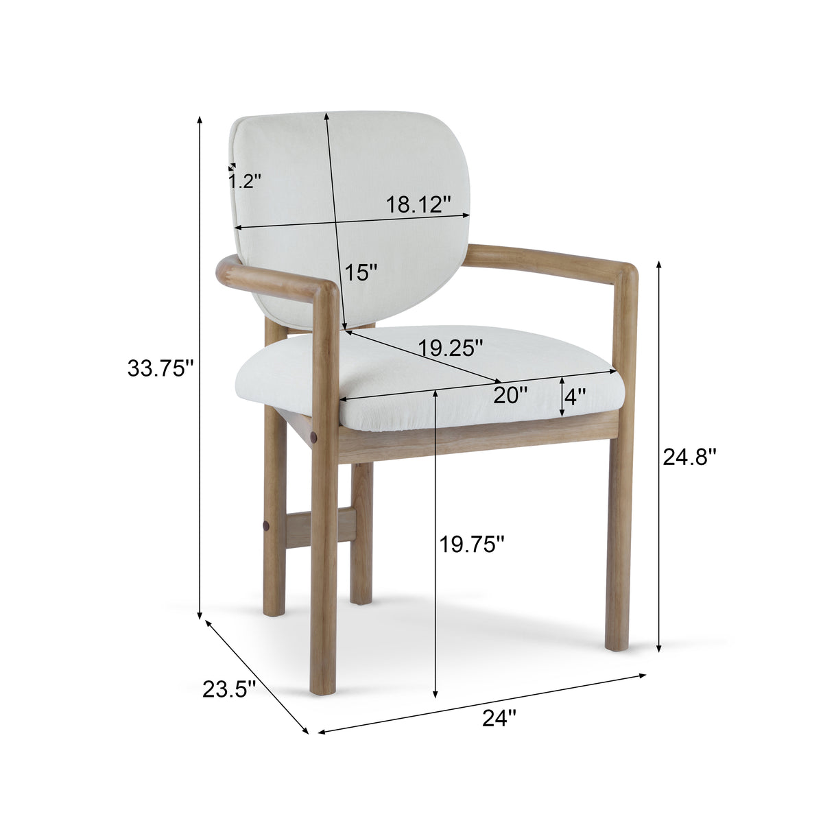 Bracciano oak upholstered dining armchair showing product dimensions with solid rubberwood frame