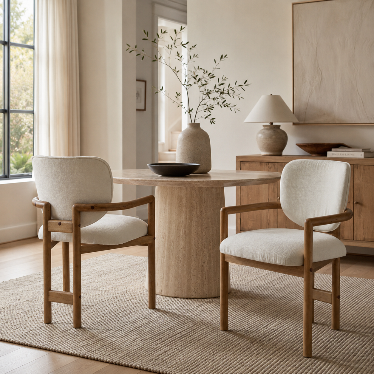Bracciano oak upholstered dining armchairs beside a round wood dining table in a bright dining room