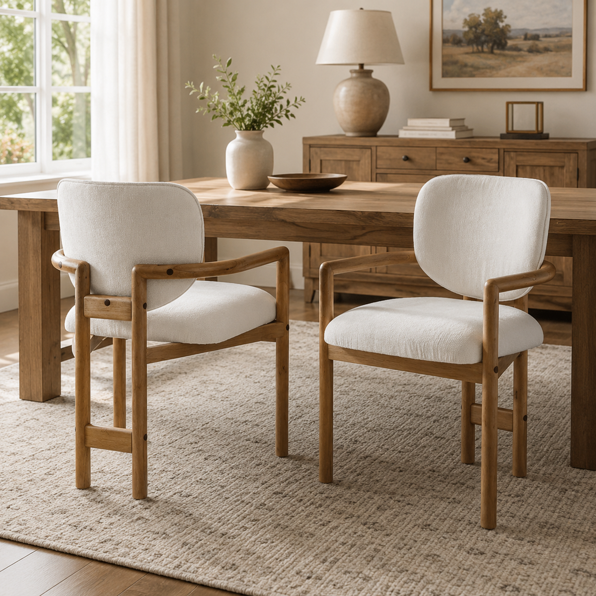 Bracciano oak upholstered dining armchairs around a wood dining table in a cozy dining room