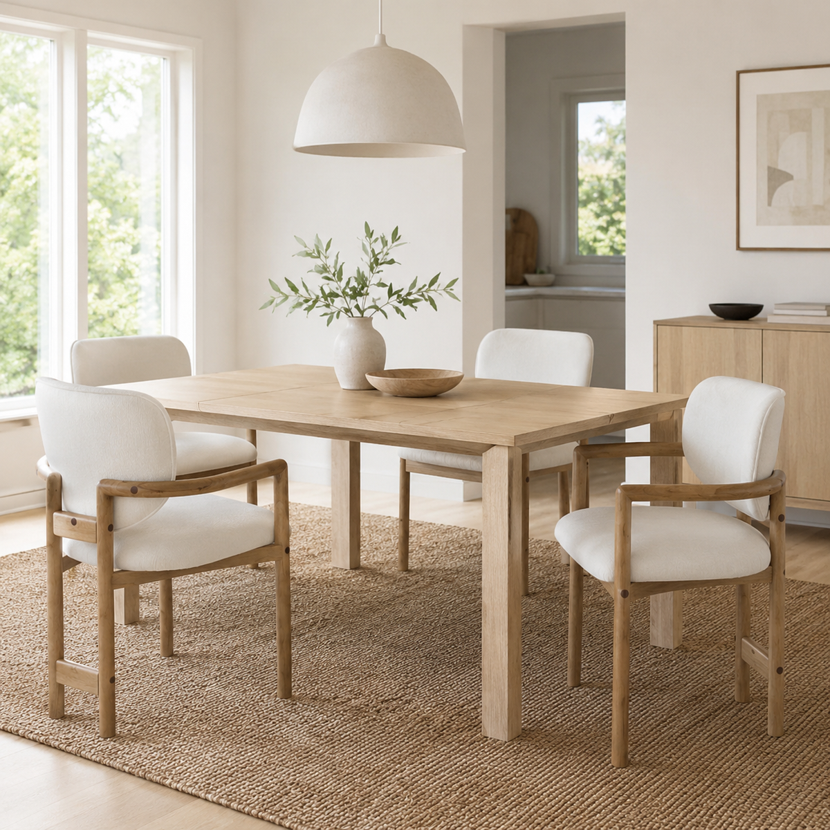 Bracciano oak dining armchairs in a bright dining room with a round wood table and neutral decor