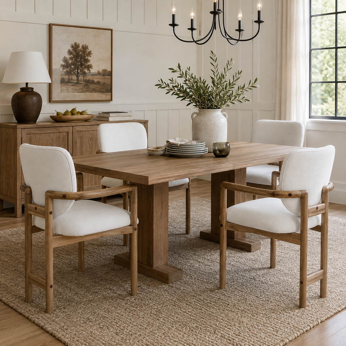 Bracciano oak upholstered dining armchairs around a round table in a contemporary dining area