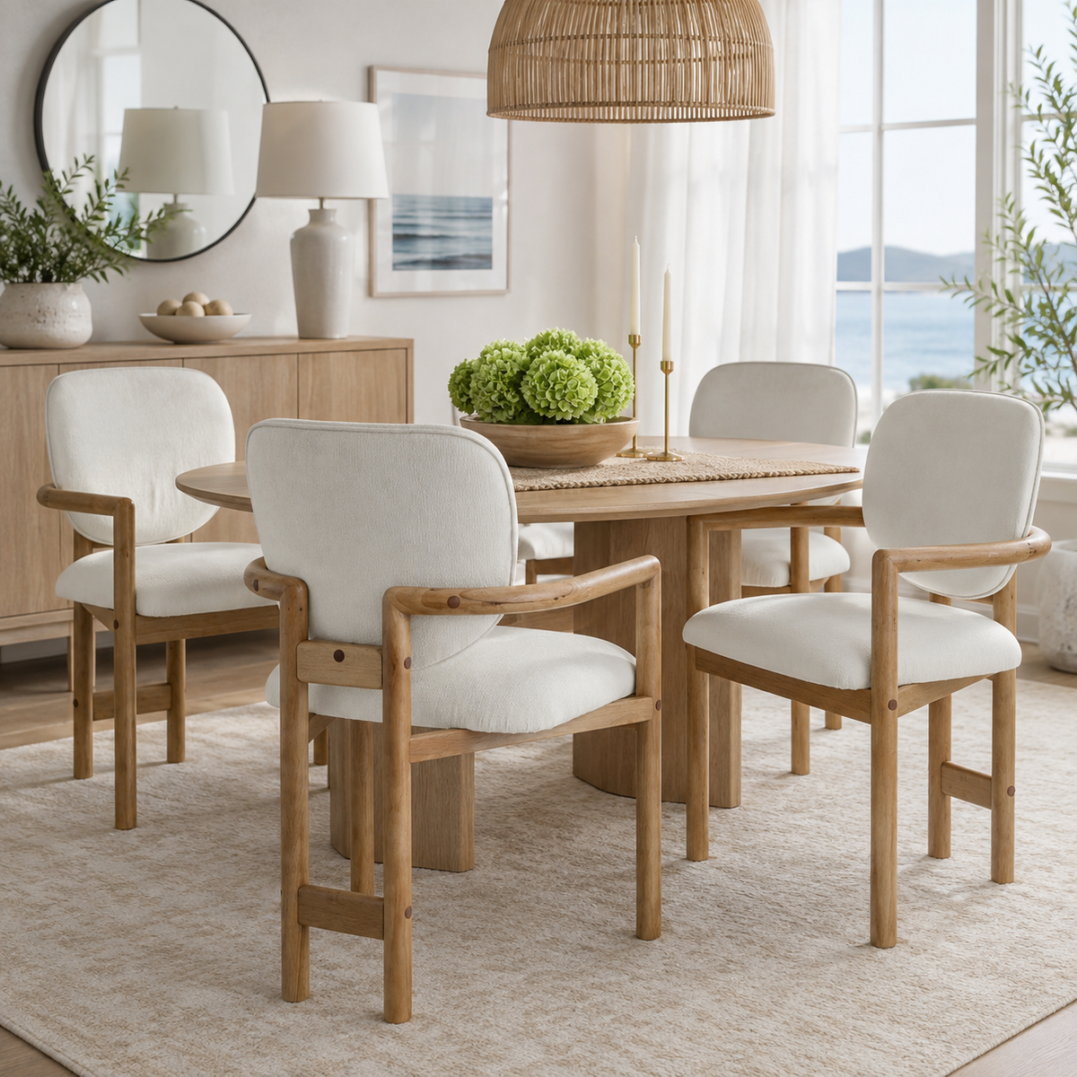 Bracciano oak upholstered dining armchairs around a round table in a contemporary dining area