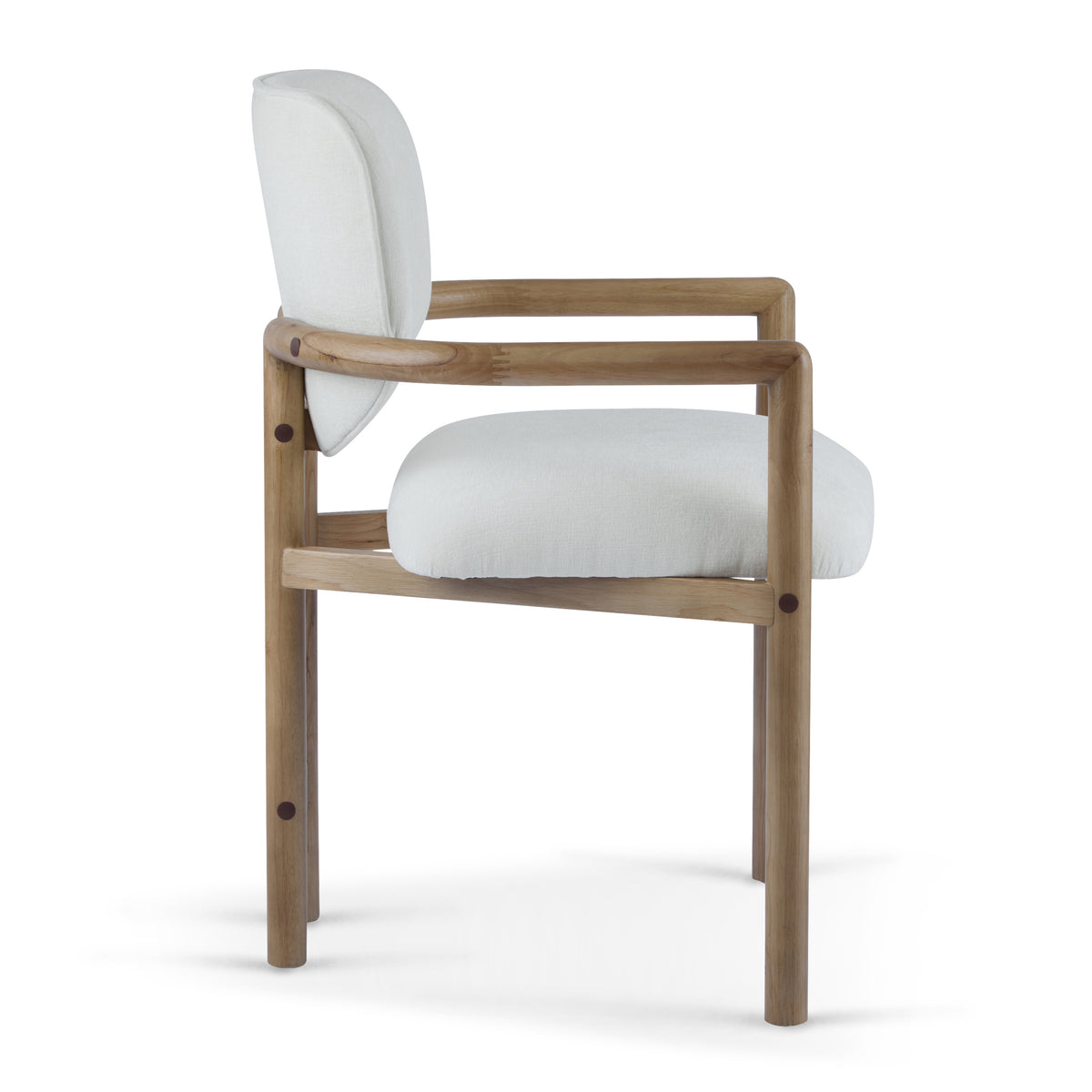 Bracciano oak upholstered dining armchair side view with solid rubberwood arms on white background