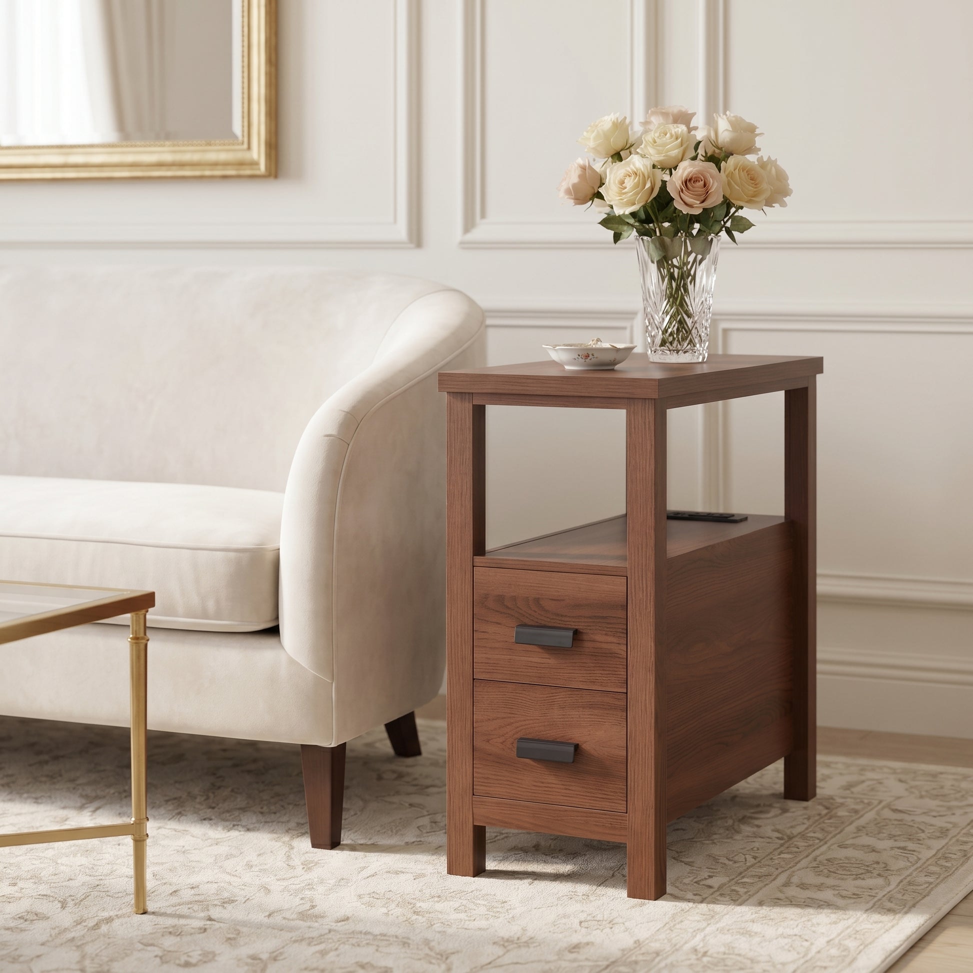 Branford walnut end table showing angled front view beside a sofa