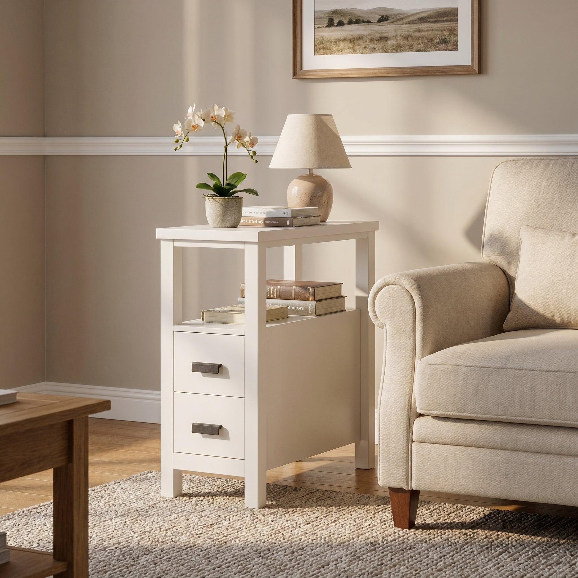 Branford white end table showing angled front view beside a sofa