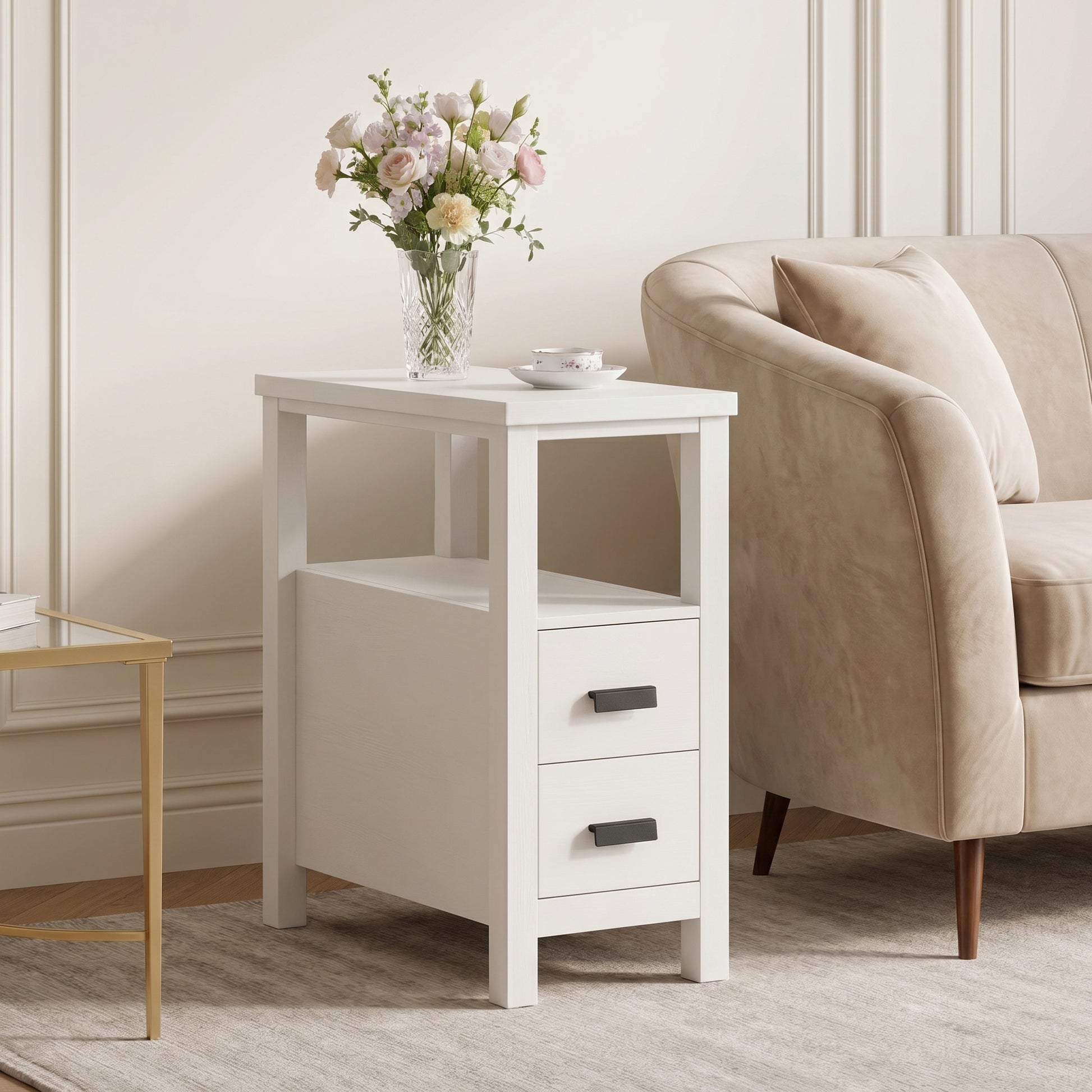 Branford white end table showing angled front view beside a sofa