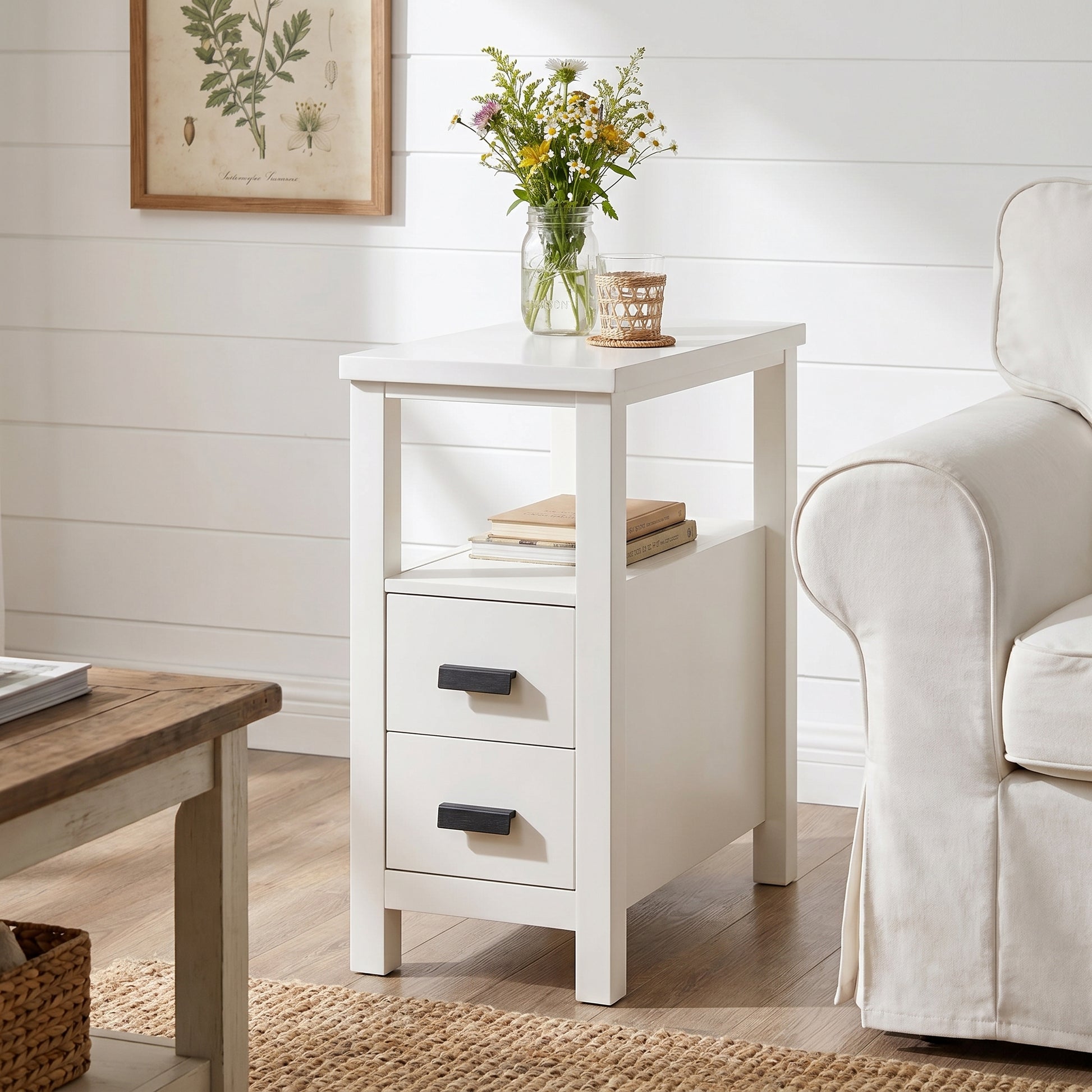 Branford white end table showing angled front view beside a sofa