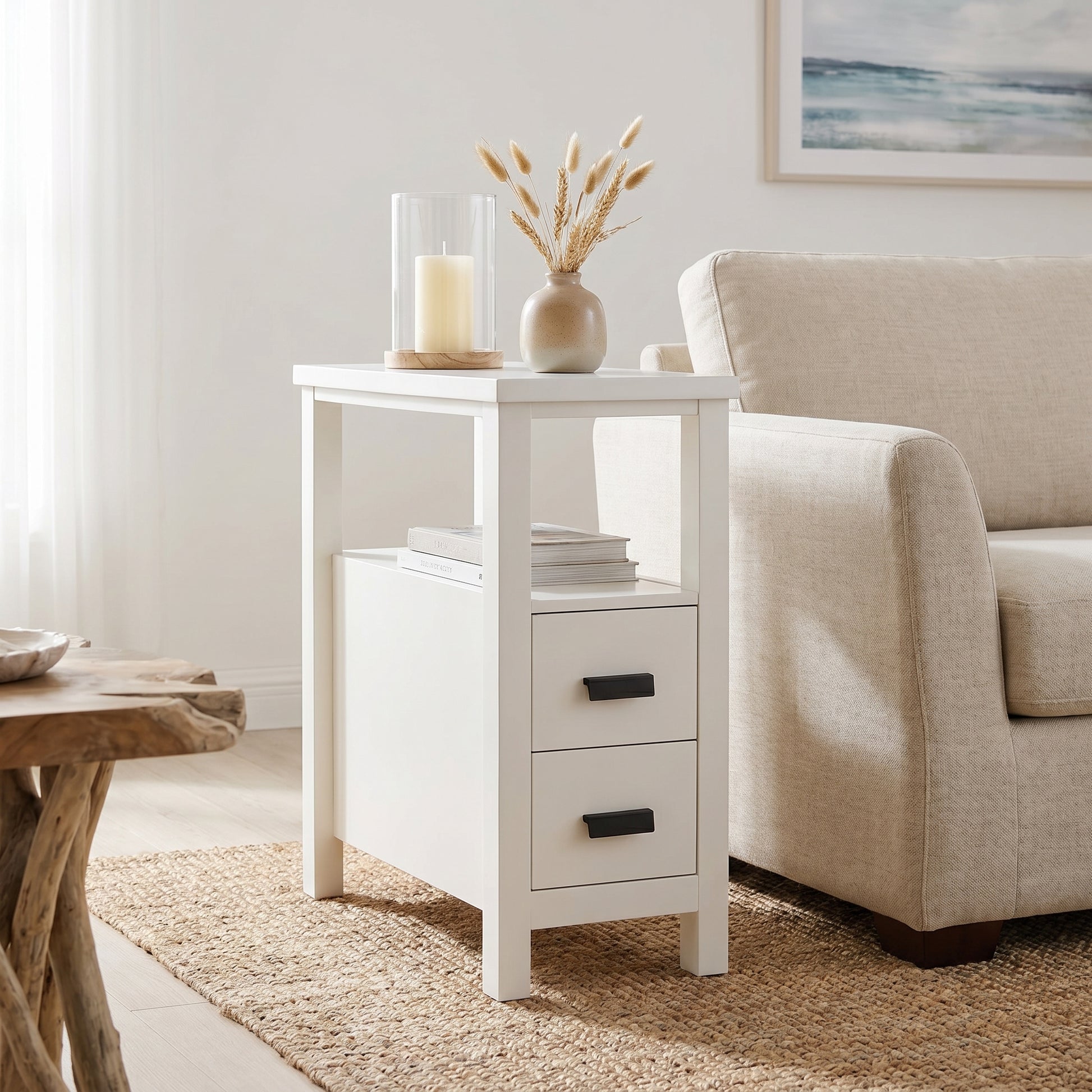 Branford walnut end table showing angled front view beside a sofa