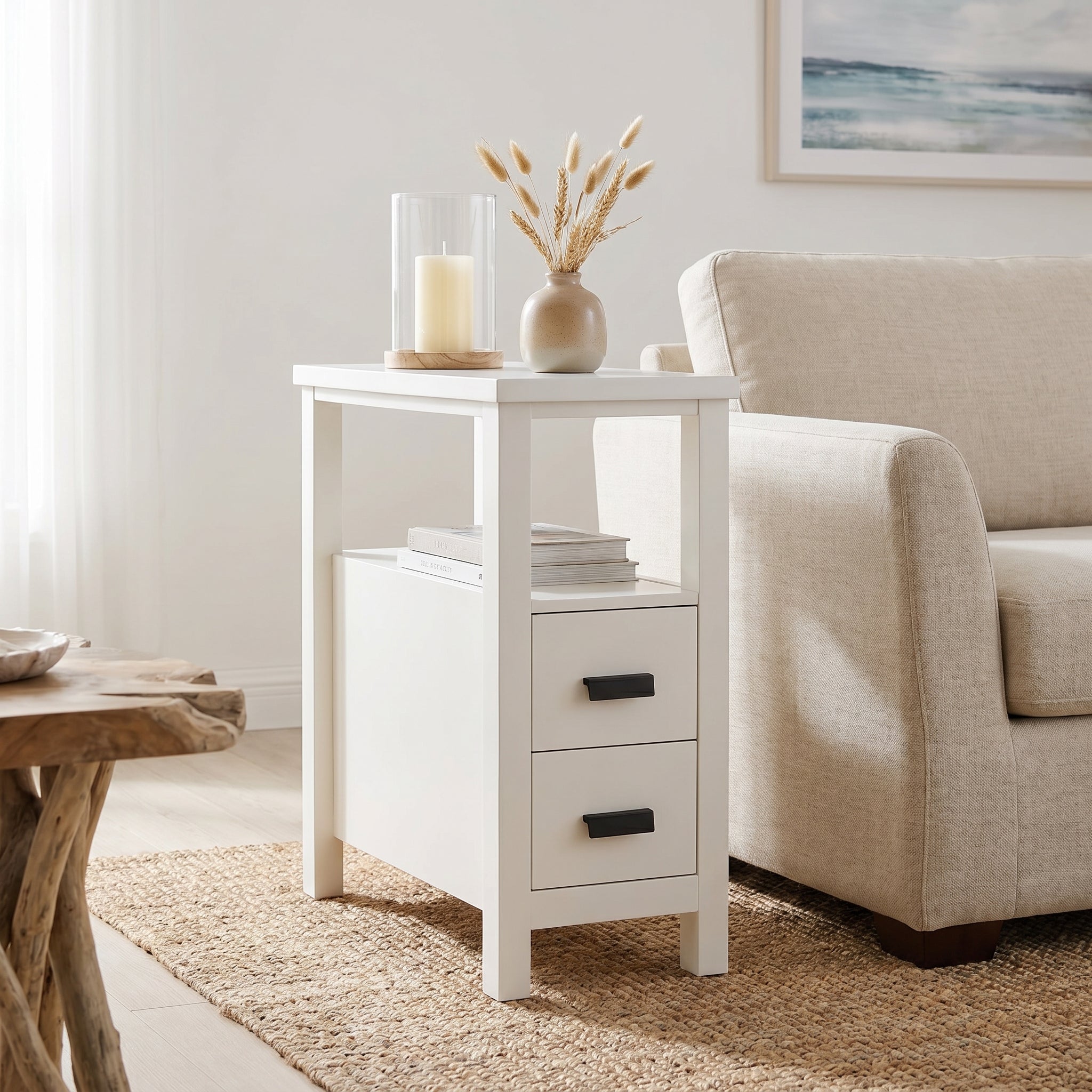Branford walnut end table showing angled front view beside a sofa