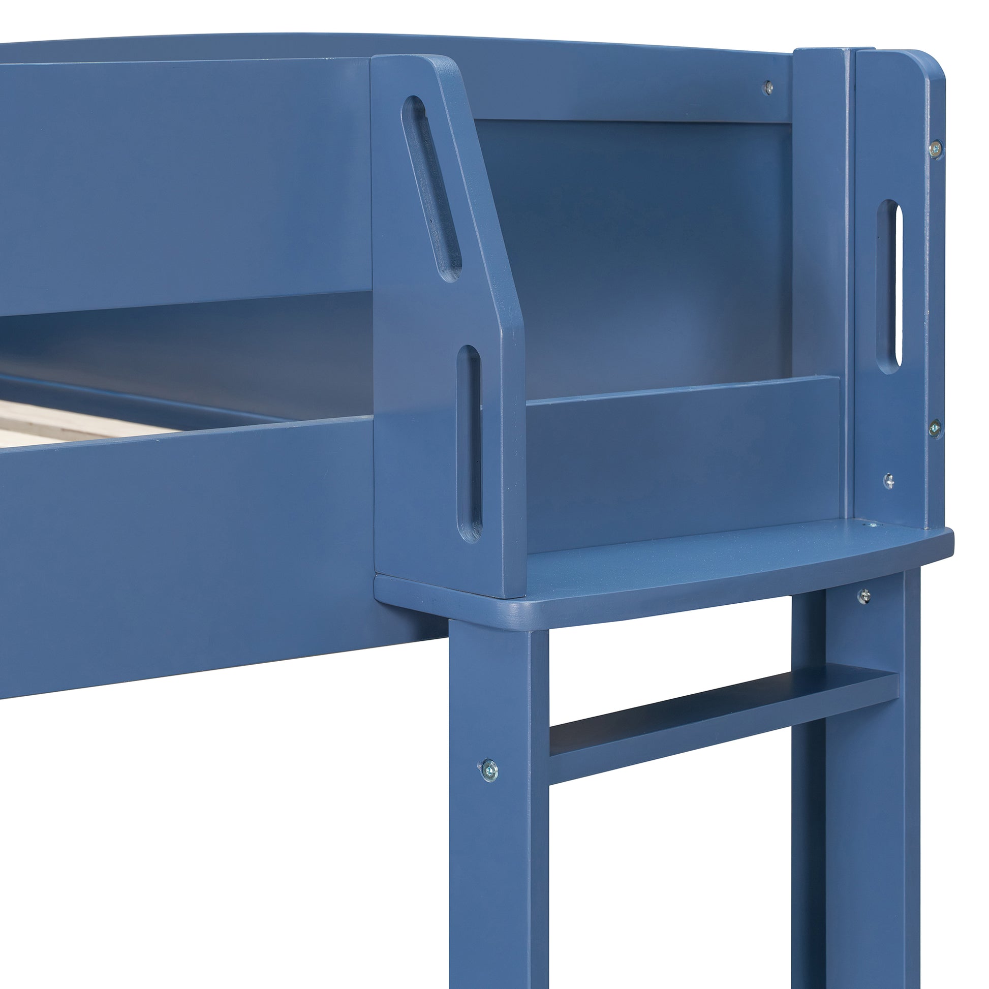 Brella blue full size loft bed showing upper guardrail and frame detail