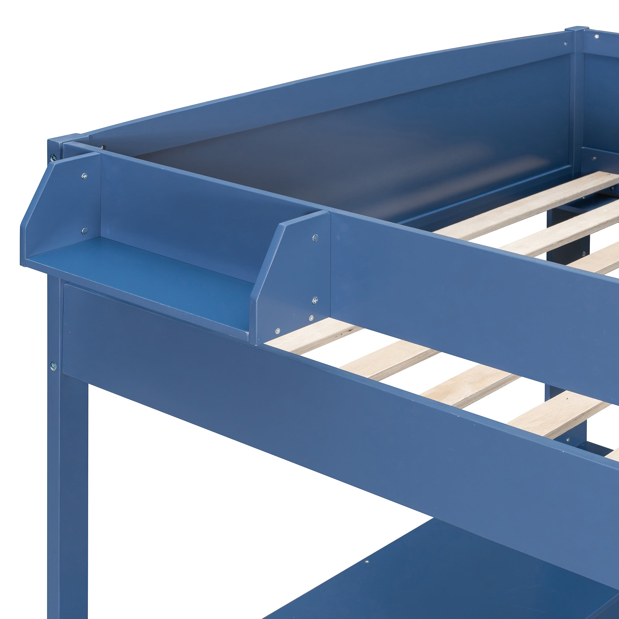 Brella blue full size loft bed showing guardrail and slat support detail