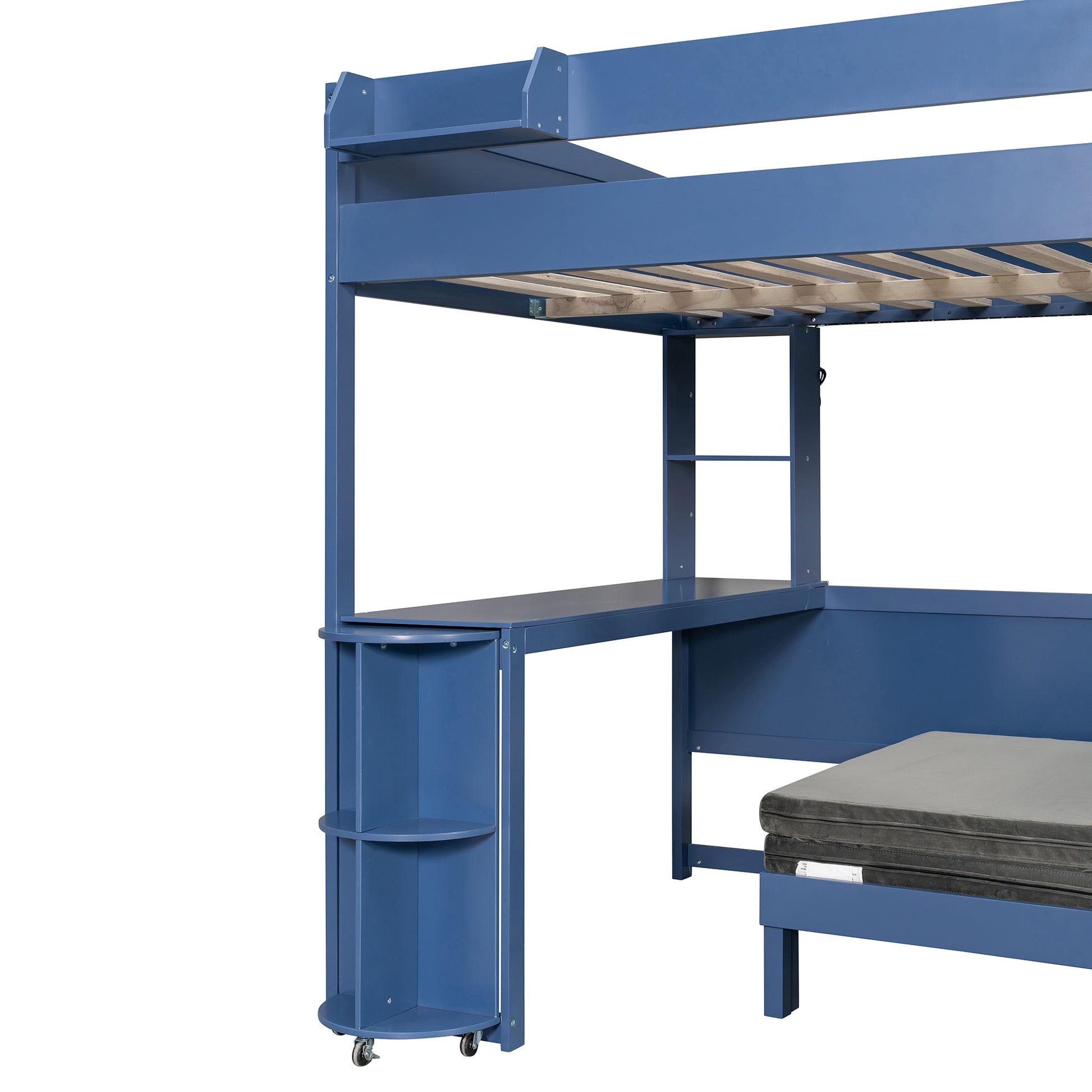 Brella blue full size loft bed showing built-in desk and ladder detail
