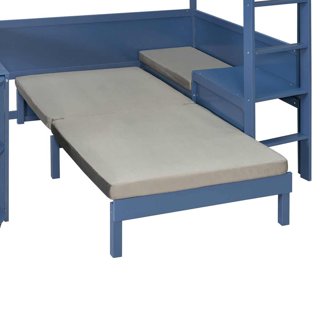 Brella blue full size loft bed showing sofa platform detail