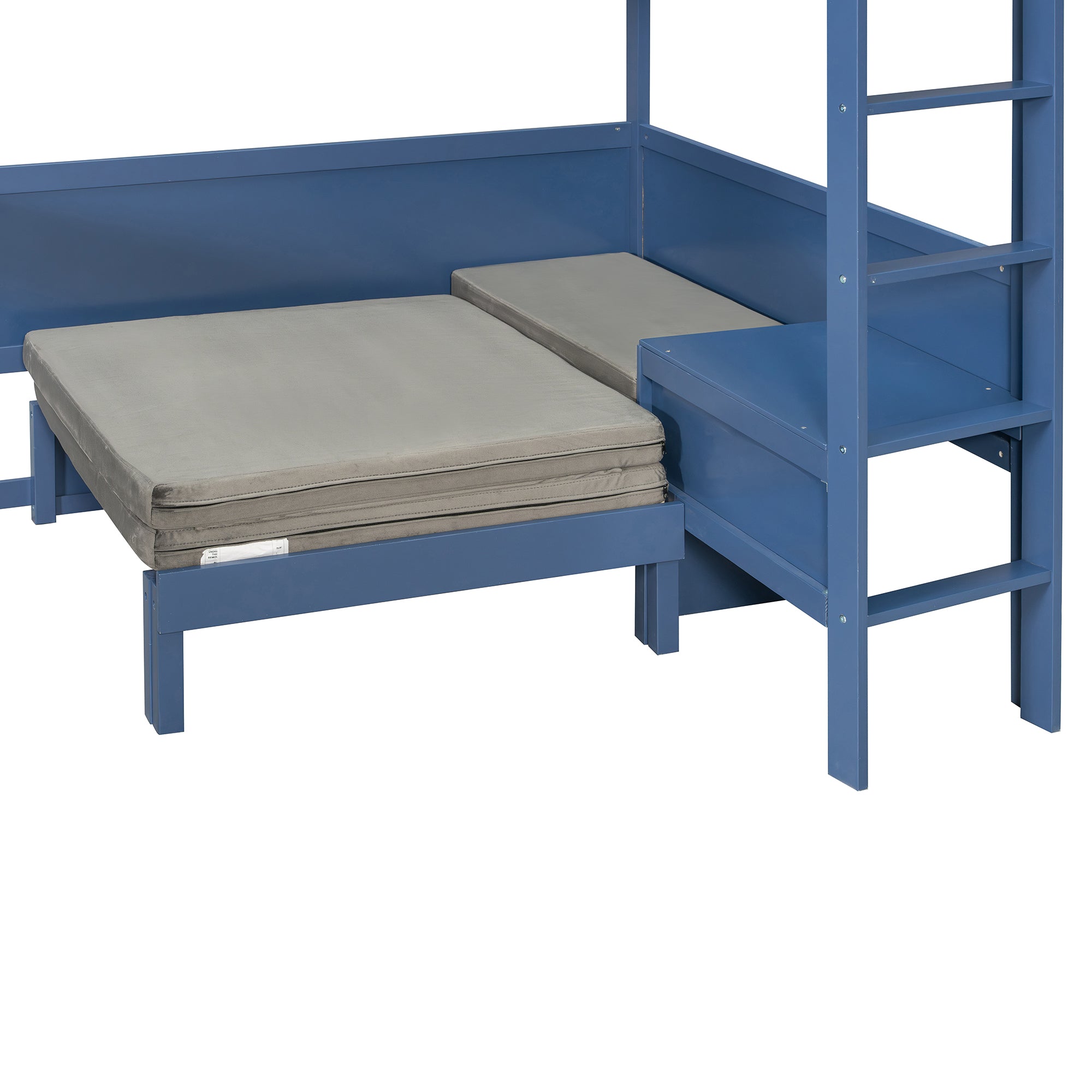 Brella blue full size loft bed showing sofa and side frame detail