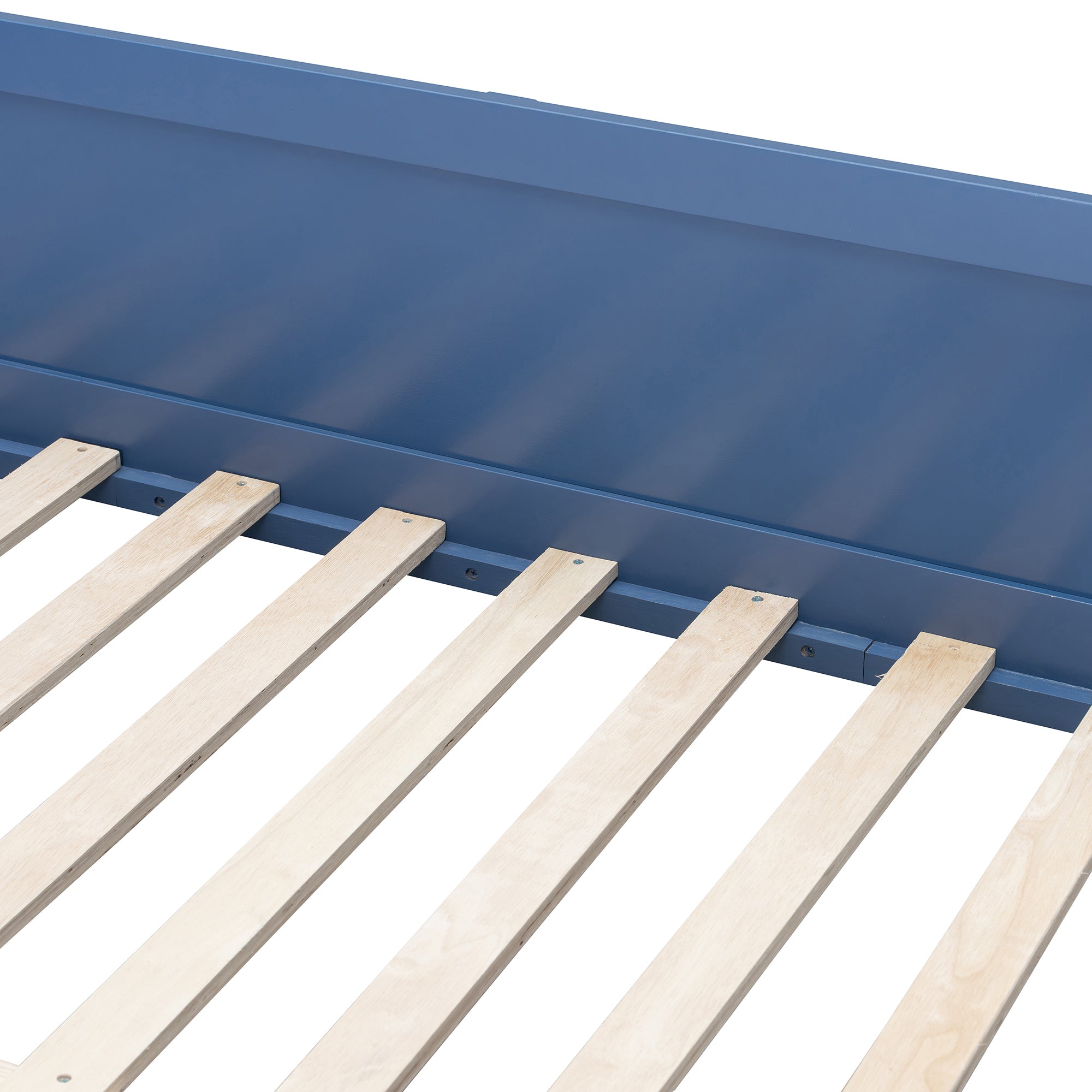 Brella blue full size loft bed showing wood slat platform detail