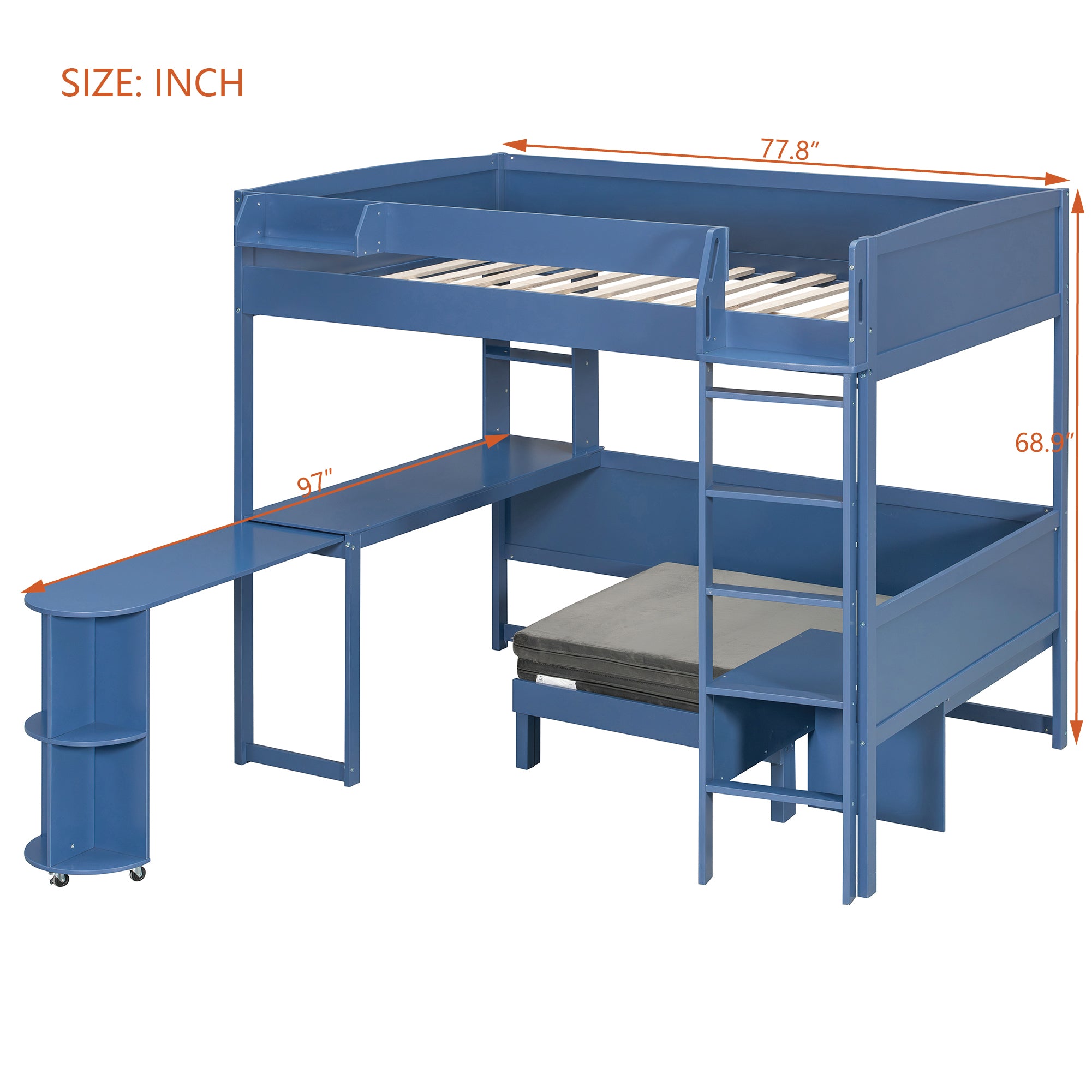 Brella blue full size loft bed showing dimensions