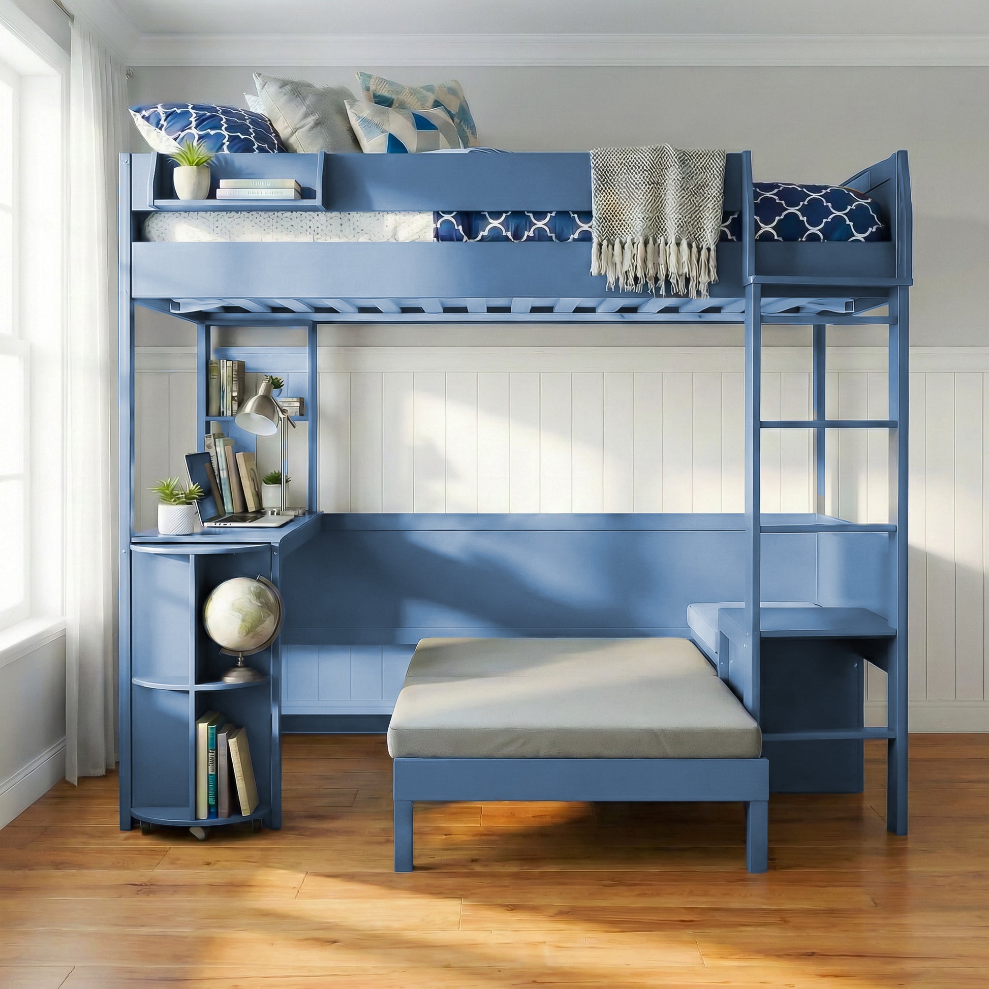 Brella blue full size loft bed showing lifestyle view with sofa and shelving