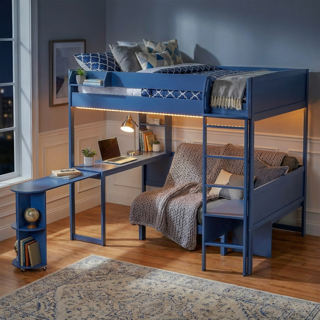 Brella blue full size loft bed showing lifestyle view with built-in desk