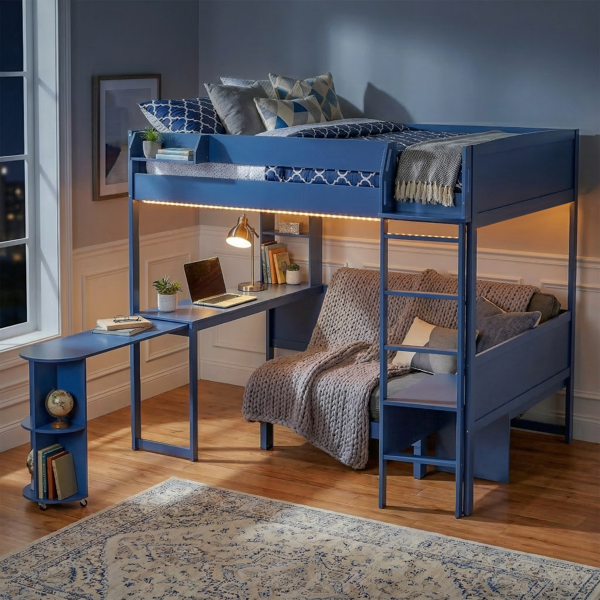 Brella blue full size loft bed showing lifestyle view with built-in desk